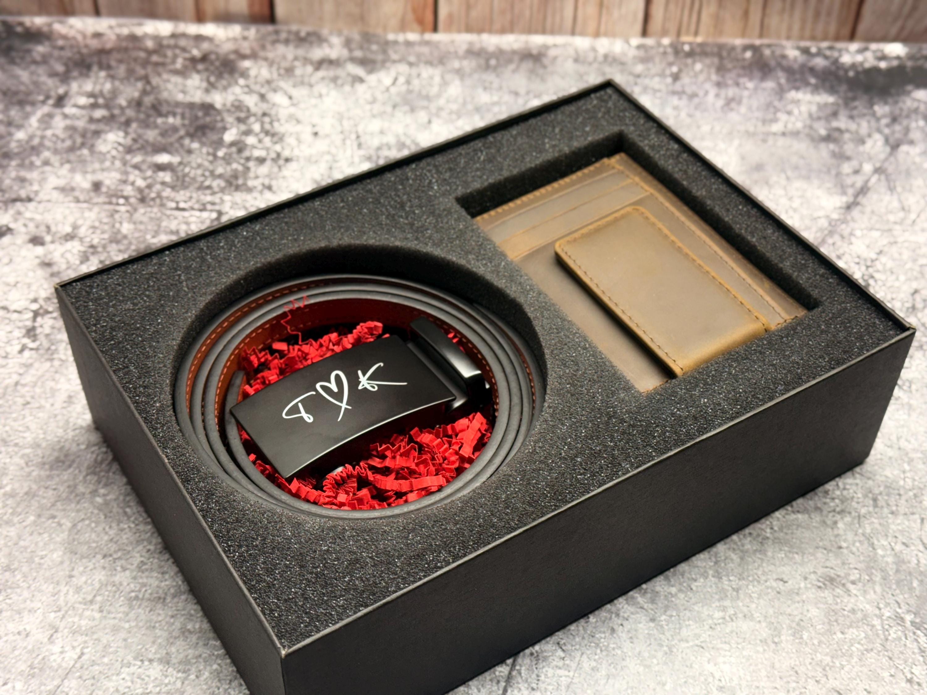 Engraved Leather Belt + Wallet, Groomsmen Gift, Click Ratchet Belt + Wallet Gift Set for Him – Perfect Gift for Leather Belt Husband