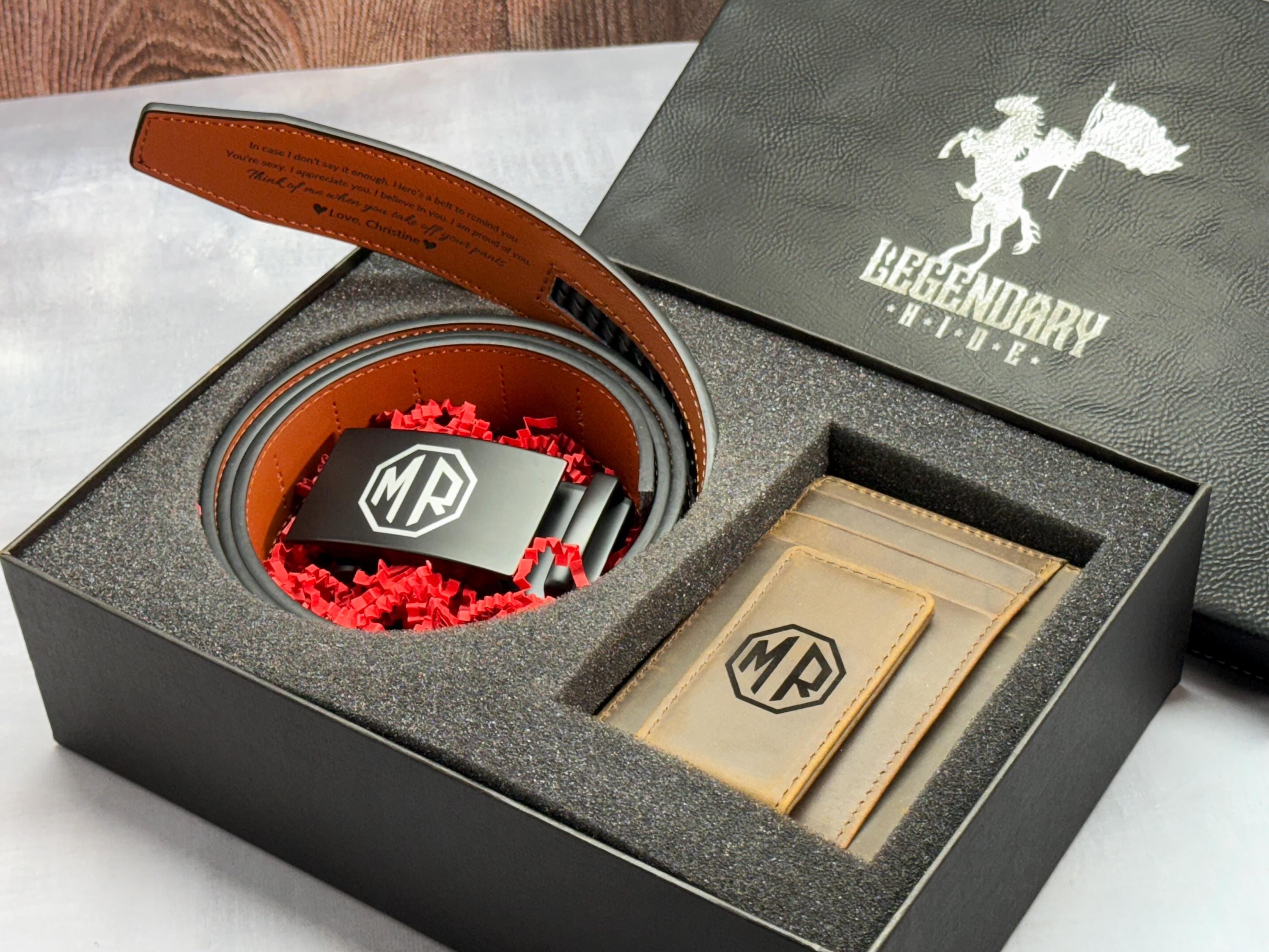 Engraved Leather Belt + Wallet, Groomsmen Gift, Click Ratchet Belt + Wallet Gift Set for Him – Perfect Gift for Leather Belt Husband