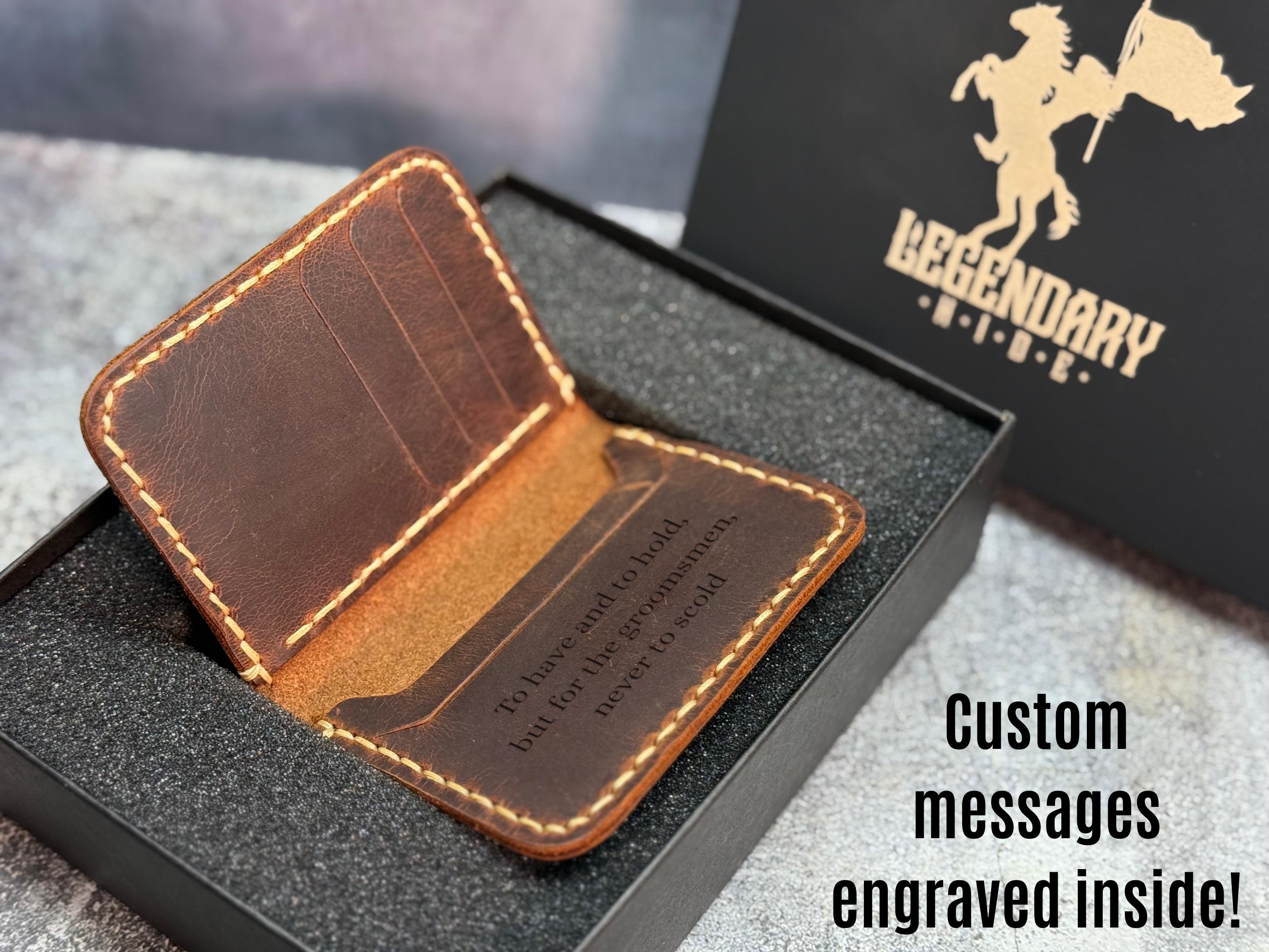 Personalized Leather Wallet for Men, Custom Engraved Full Grain Slim Wallet, Groomsmen Gift, Minimalist Wallet with Name or Logo