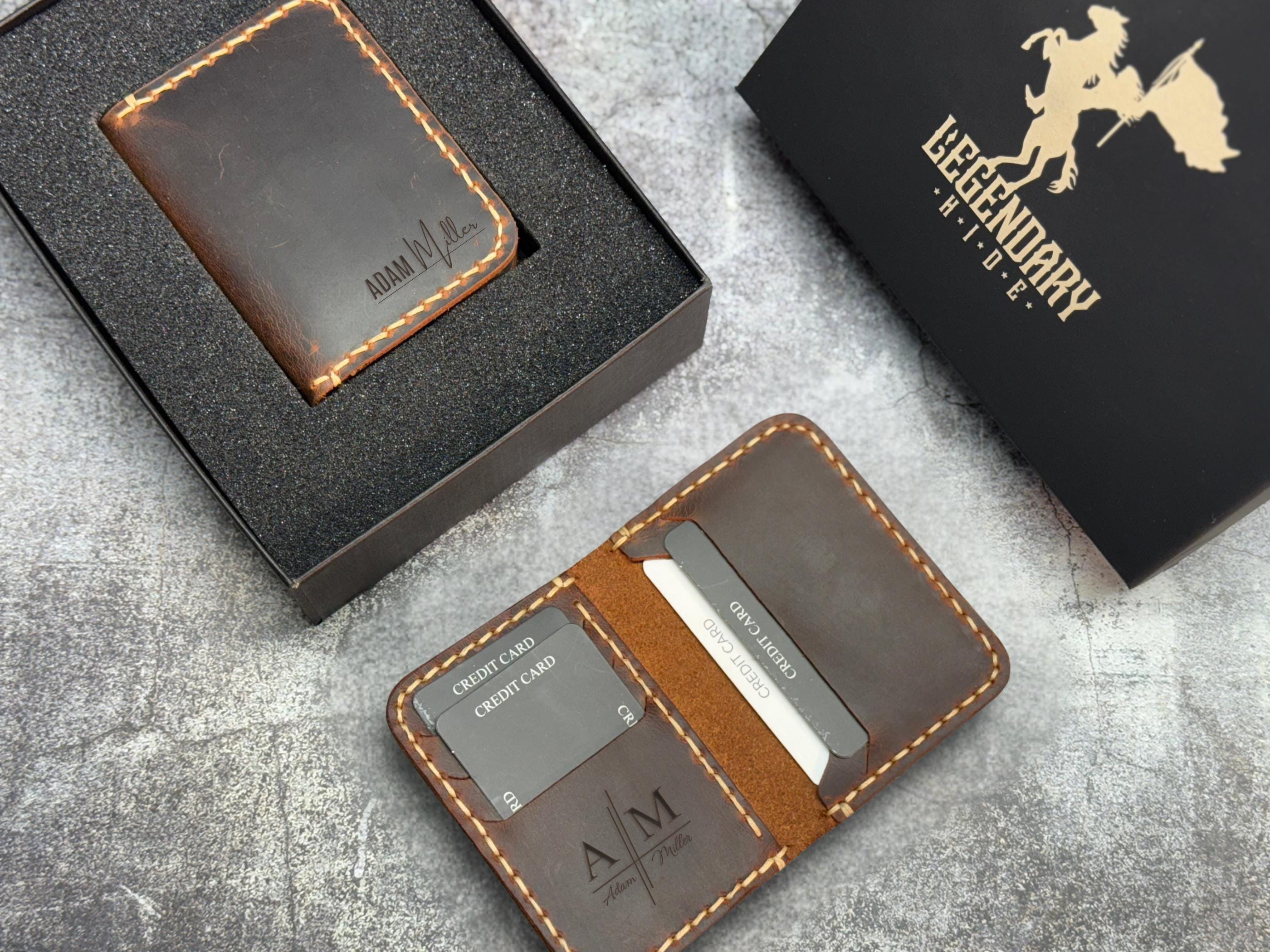 Personalized Leather Wallet for Men, Custom Engraved Full Grain Slim Wallet, Groomsmen Gift, Minimalist Wallet with Name or Logo