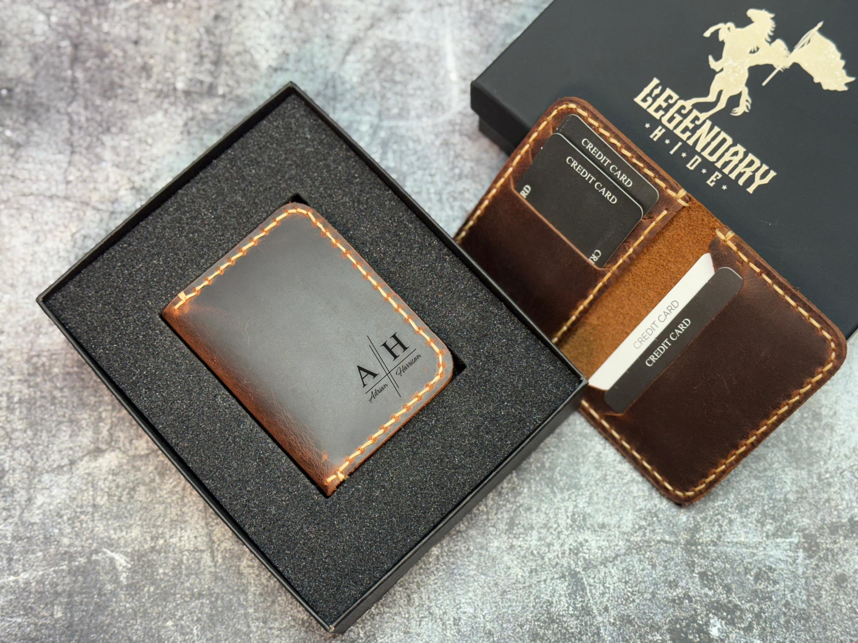 Personalized Leather Wallet for Men, Custom Engraved Full Grain Slim Wallet, Groomsmen Gift, Minimalist Wallet with Name or Logo