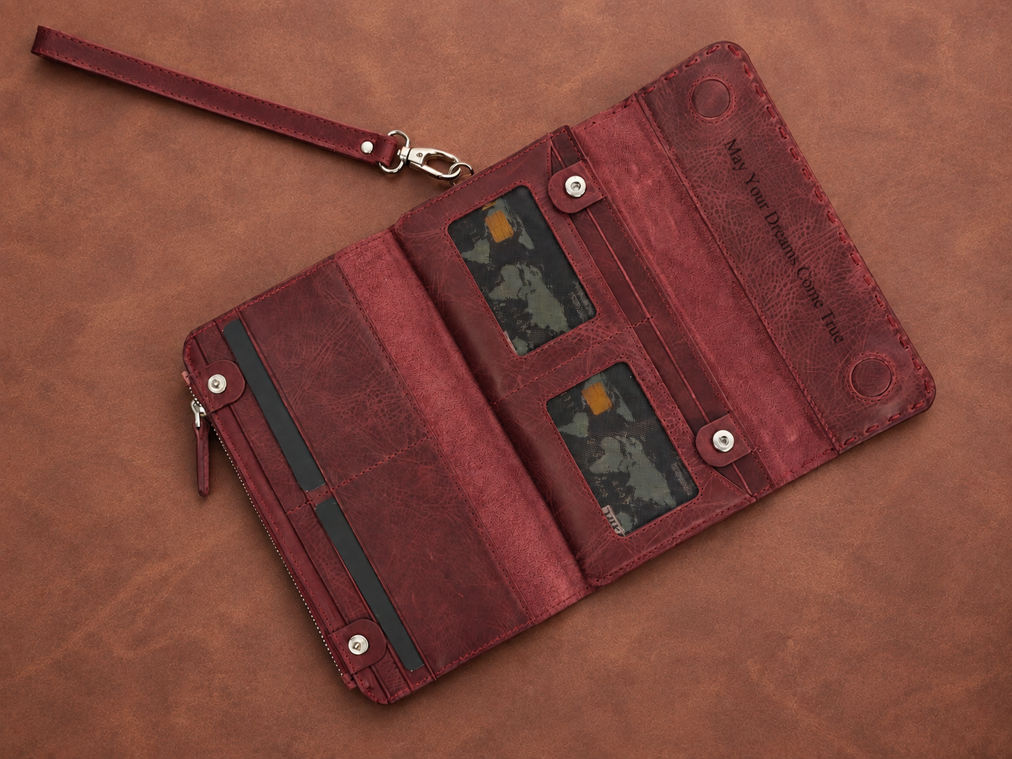 Personalized Leather Wallet for Women, Leather Zip Wallet with Wristlet, Gift for Her, Leather Clutch