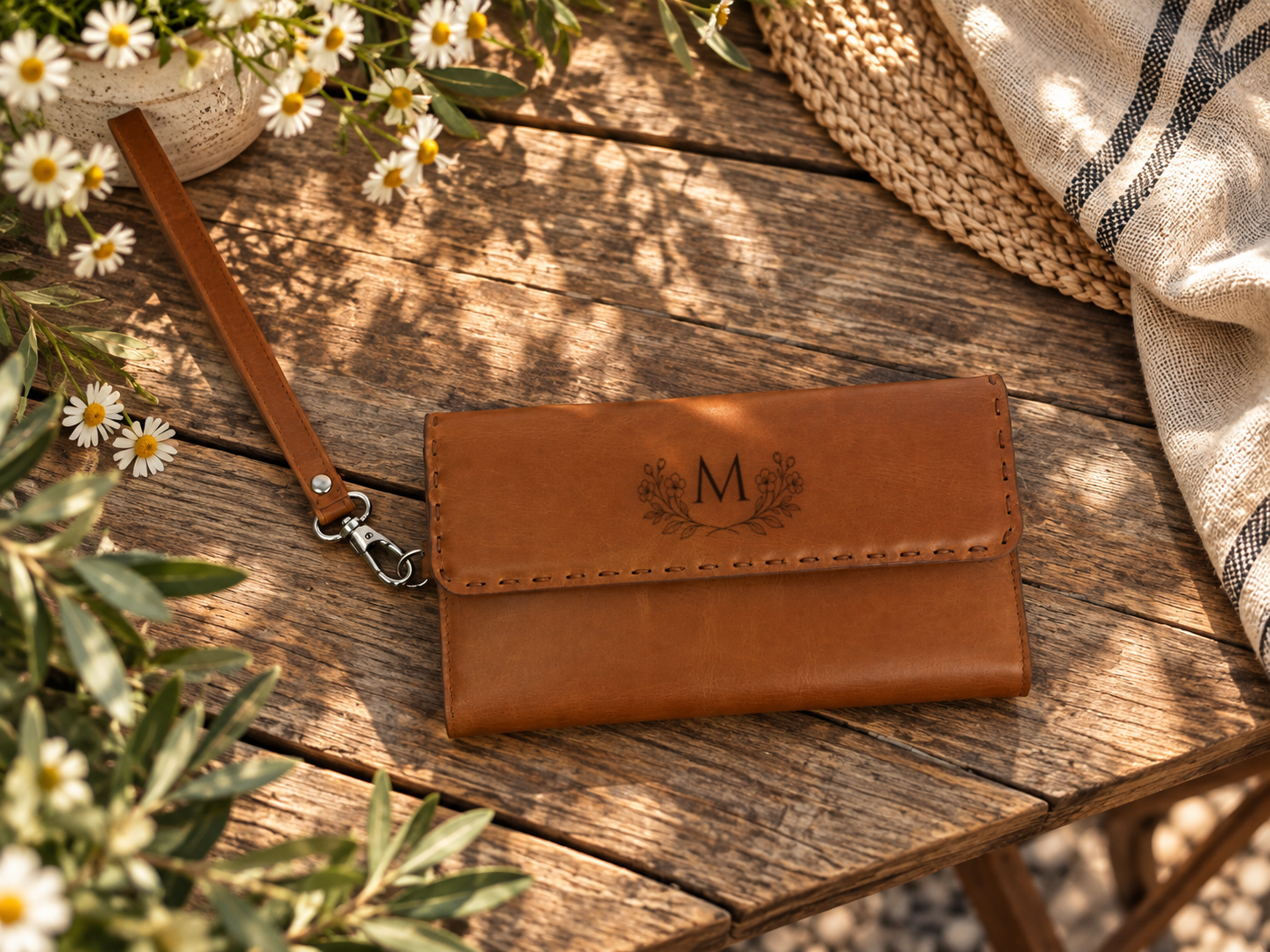 Personalized Leather Wallet for Women, Leather Zip Wallet with Wristlet, Gift for Her, Leather Clutch