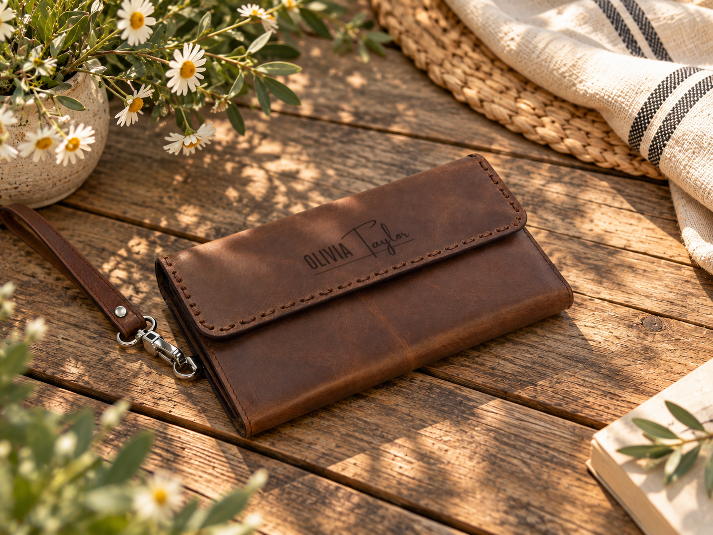 Personalized Leather Wallet for Women, Leather Zip Wallet with Wristlet, Gift for Her, Leather Clutch