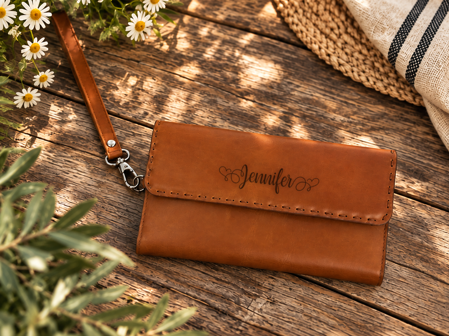 Personalized Leather Wallet for Women, Leather Zip Wallet with Wristlet, Gift for Her, Leather Clutch