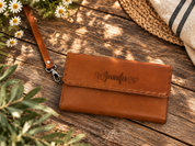 Personalized Leather Wallet for Women, Leather Zip Wallet with Wristlet, Gift for Her, Leather Clutch