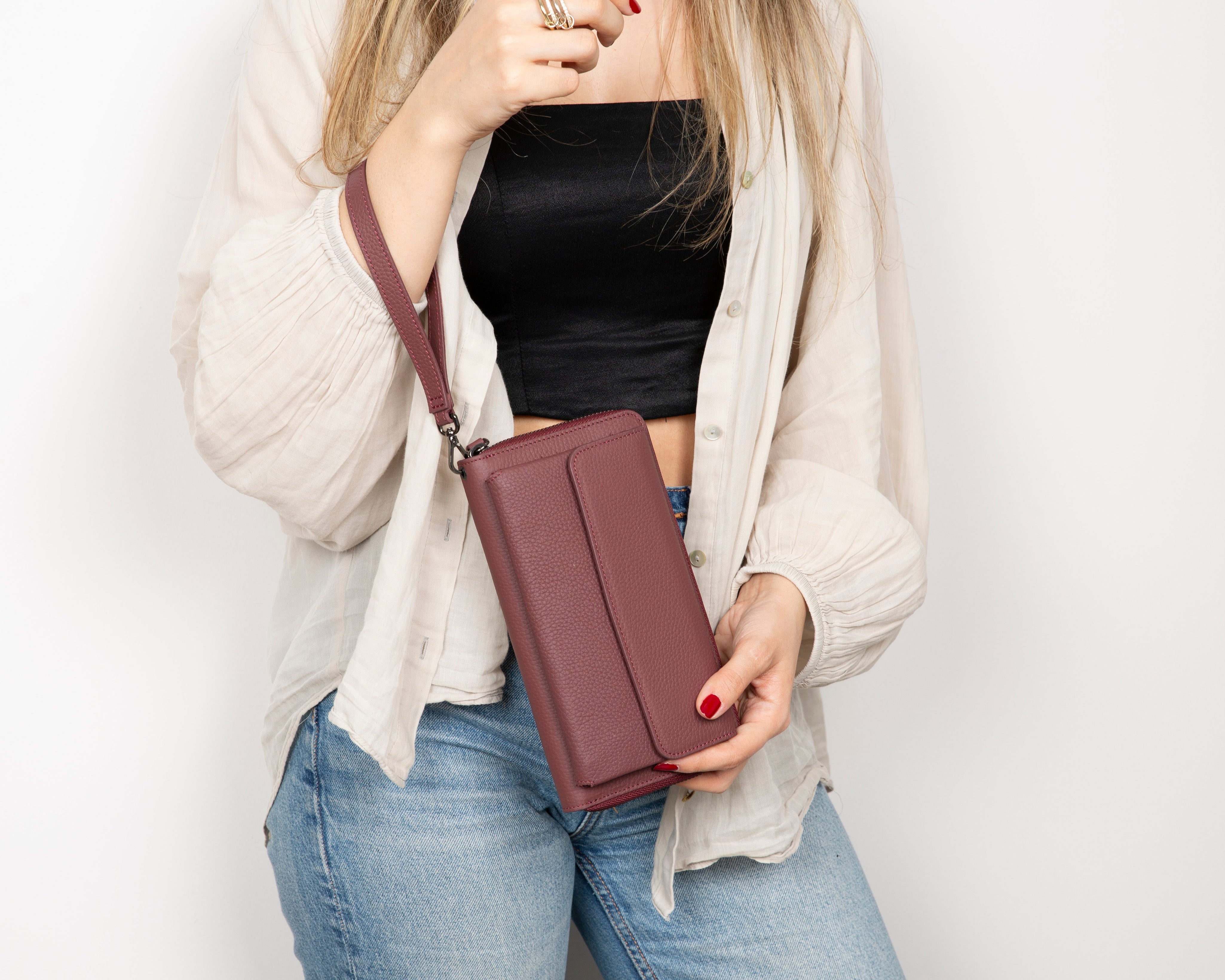 Eliza Leather Wallet Clutch – RFID, Wrist Strap, 12 Card Slots
