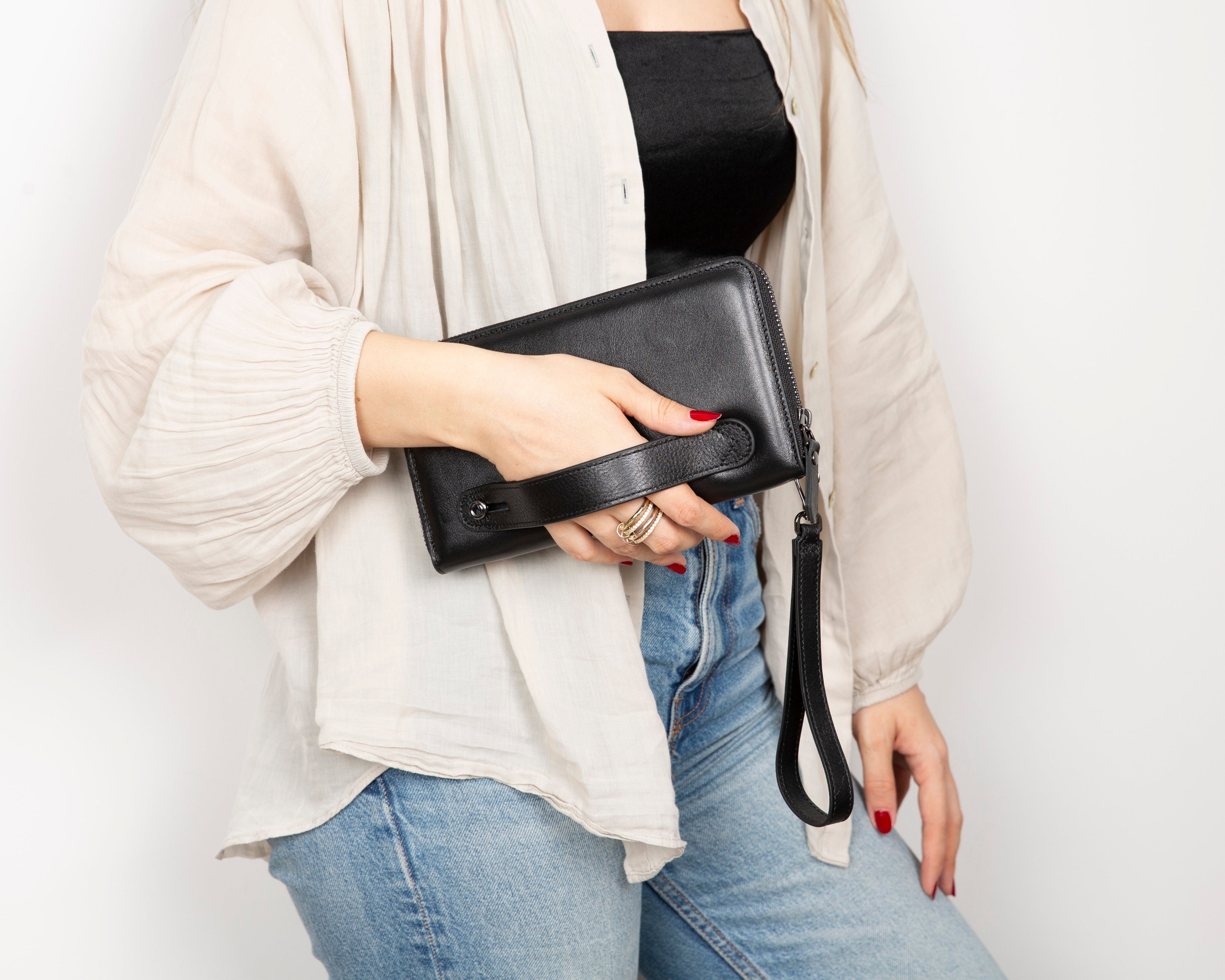 Eliza Leather Wallet Clutch – RFID, Wrist Strap, 12 Card Slots