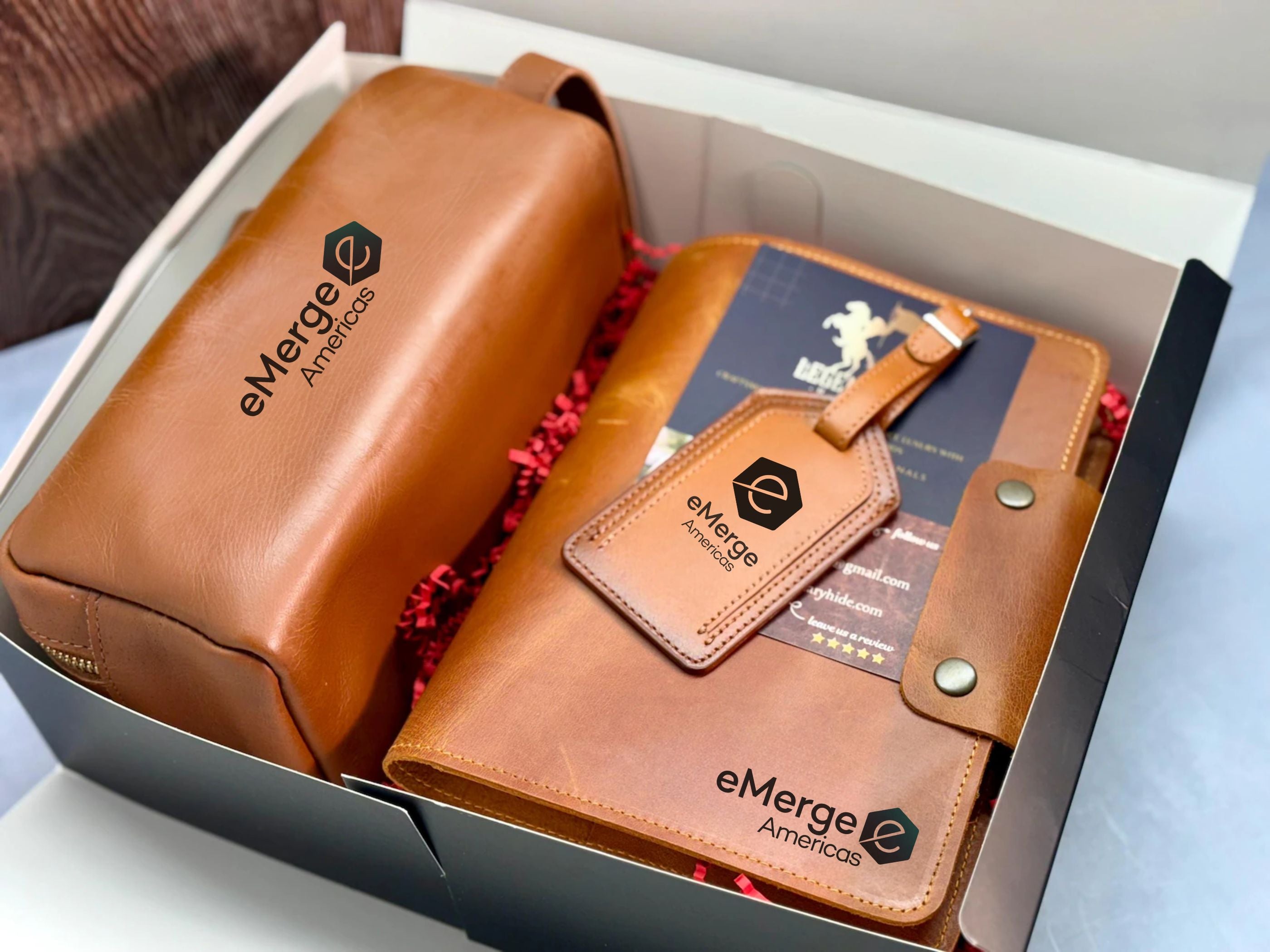 Client Gifts Welcome Basket Gift Box Leather Journal Dopp Kit Luggage Tag Set