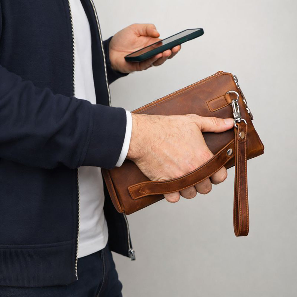 Nomad Leather Wristlet Clutch – Minimal Zip Wallet & Travel Carry