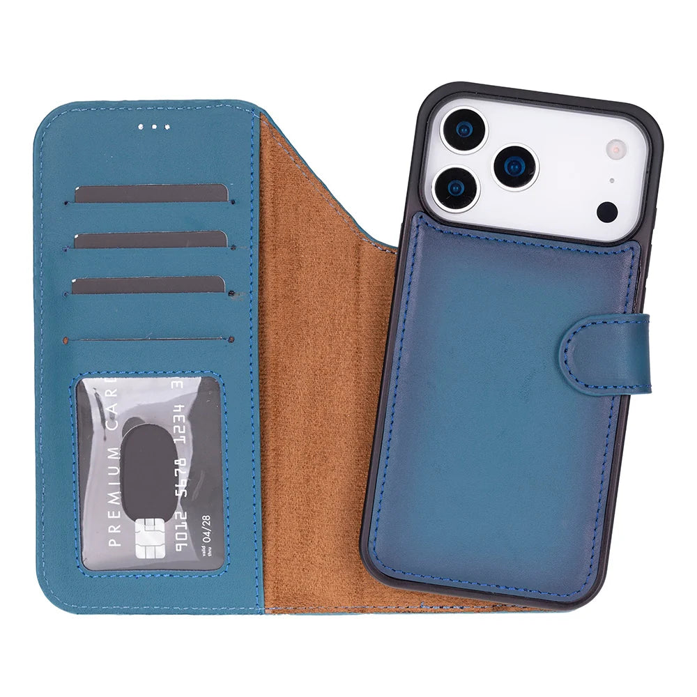 Blue genuine leather detachable wallet case for iPhone 18 Pro