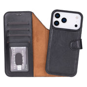 Black genuine leather detachable wallet case for iPhone 18 Pro