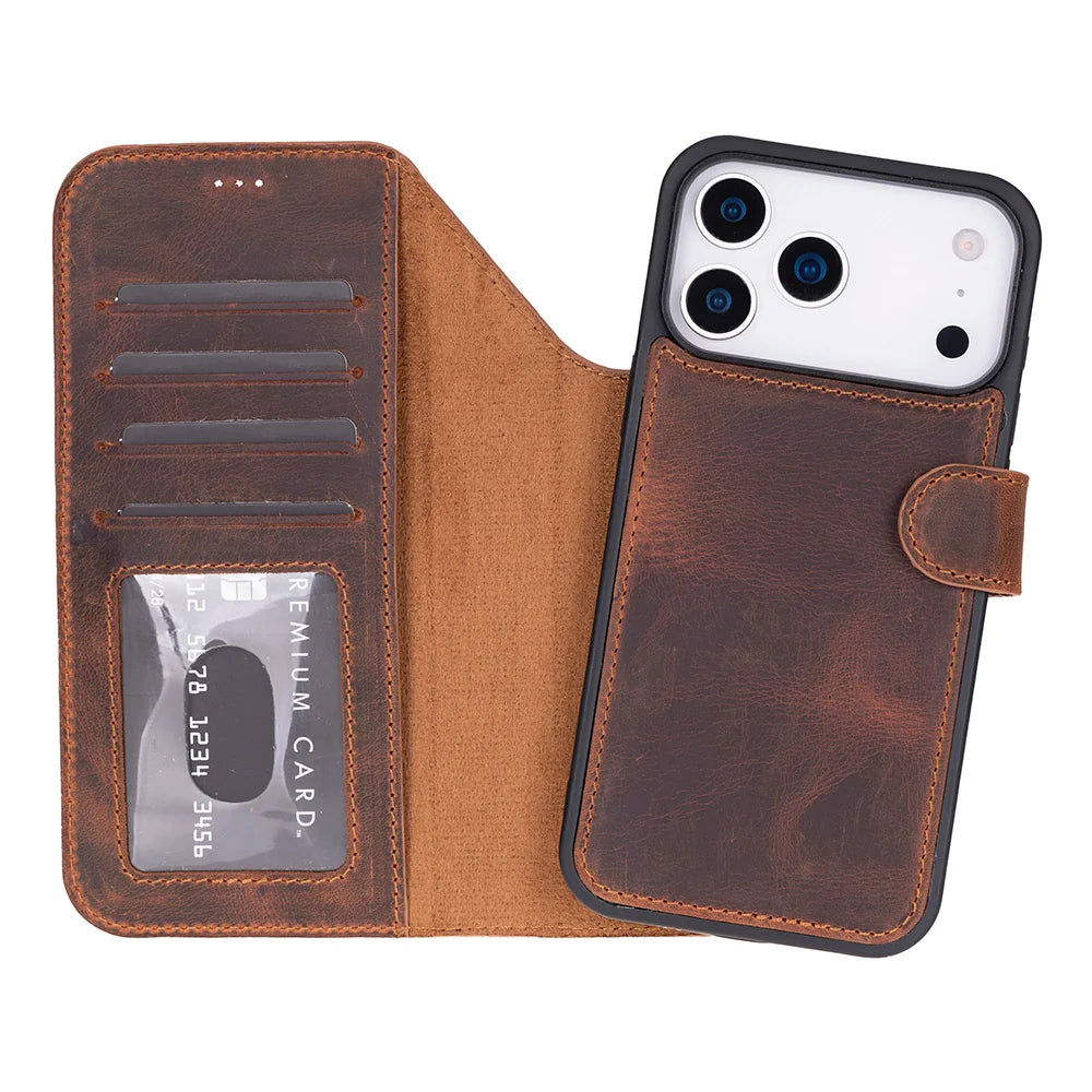 Saddle Brown genuine leather detachable wallet case for iPhone 18 Pro