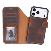 Saddle Brown genuine leather detachable wallet case for iPhone 18 Pro