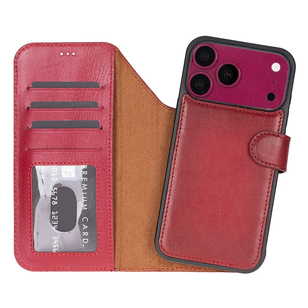 Red genuine leather detachable wallet case for iPhone 18 Pro