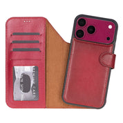 Red genuine leather detachable wallet case for iPhone 18 Pro