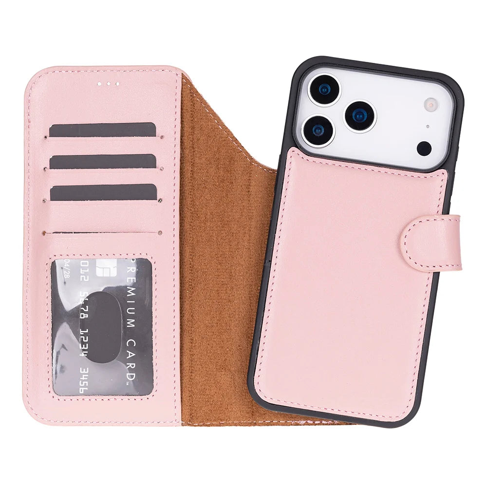 Pink genuine leather detachable wallet case for iPhone 18 Pro