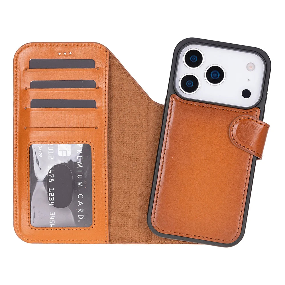 Tan genuine leather detachable wallet case for iPhone 18 Pro