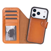 Tan genuine leather detachable wallet case for iPhone 18 Pro