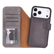 Gray genuine leather detachable wallet case for iPhone 18 Pro