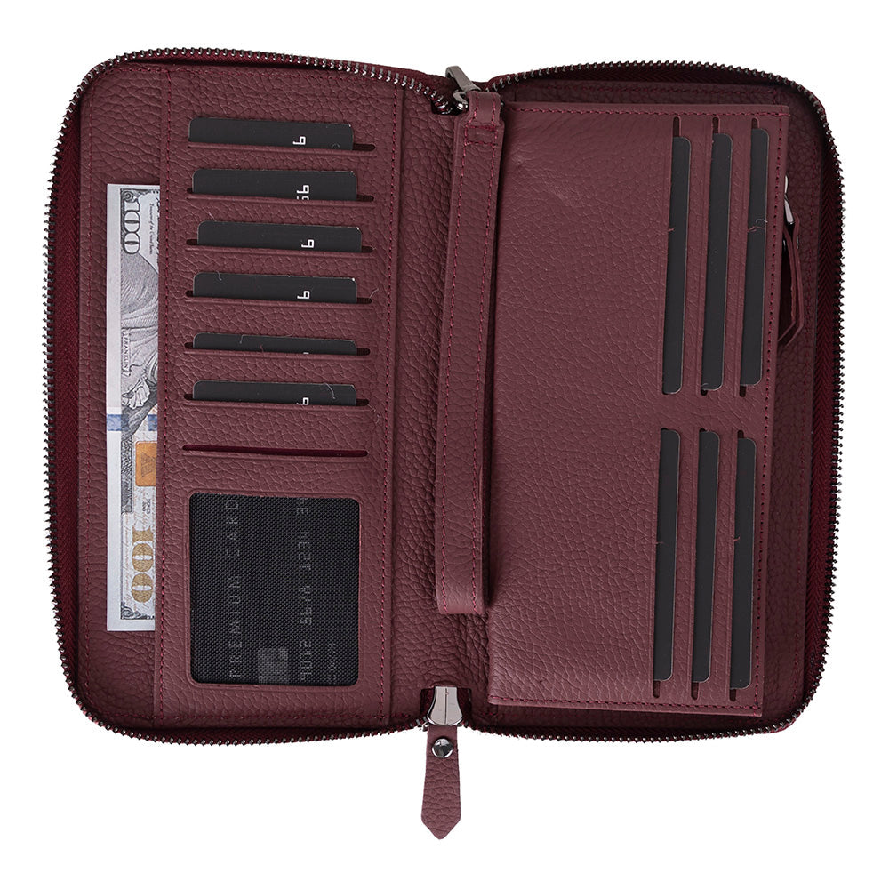Eliza Leather Wallet Clutch – RFID, Wrist Strap, 12 Card Slots