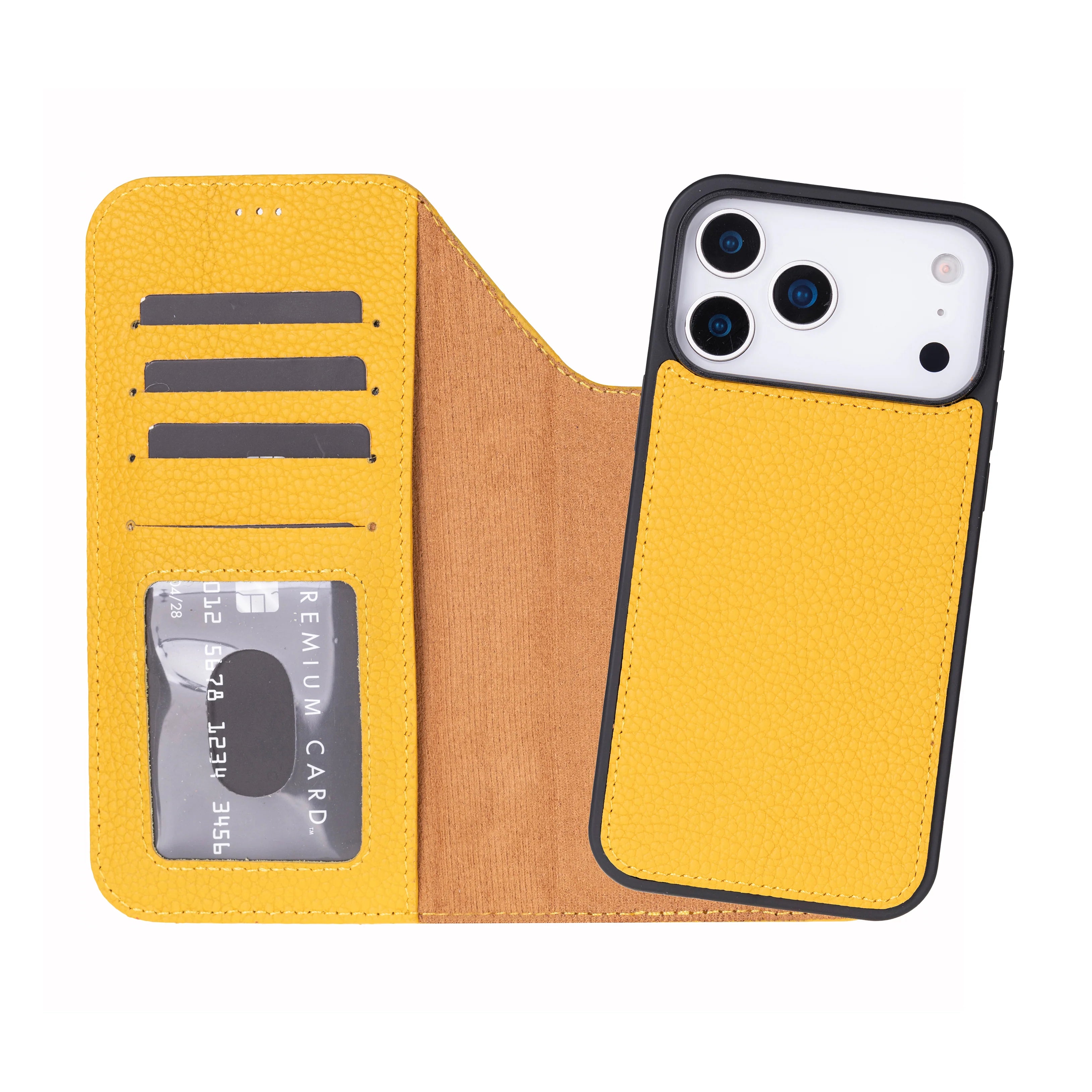 Yellow genuine leather detachable wallet case for iPhone 18 Pro