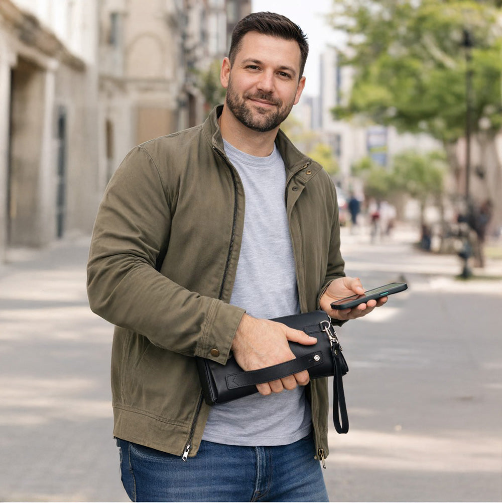 The Nomad Leather Wristlet Clutch – Minimal Zip Wallet & Travel Carry