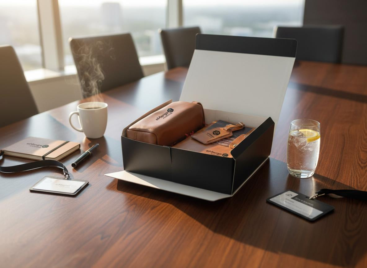 Client Gifts Welcome Basket, Gift Box with Leather Journal, Dopp Kit and Luggage Tag Set