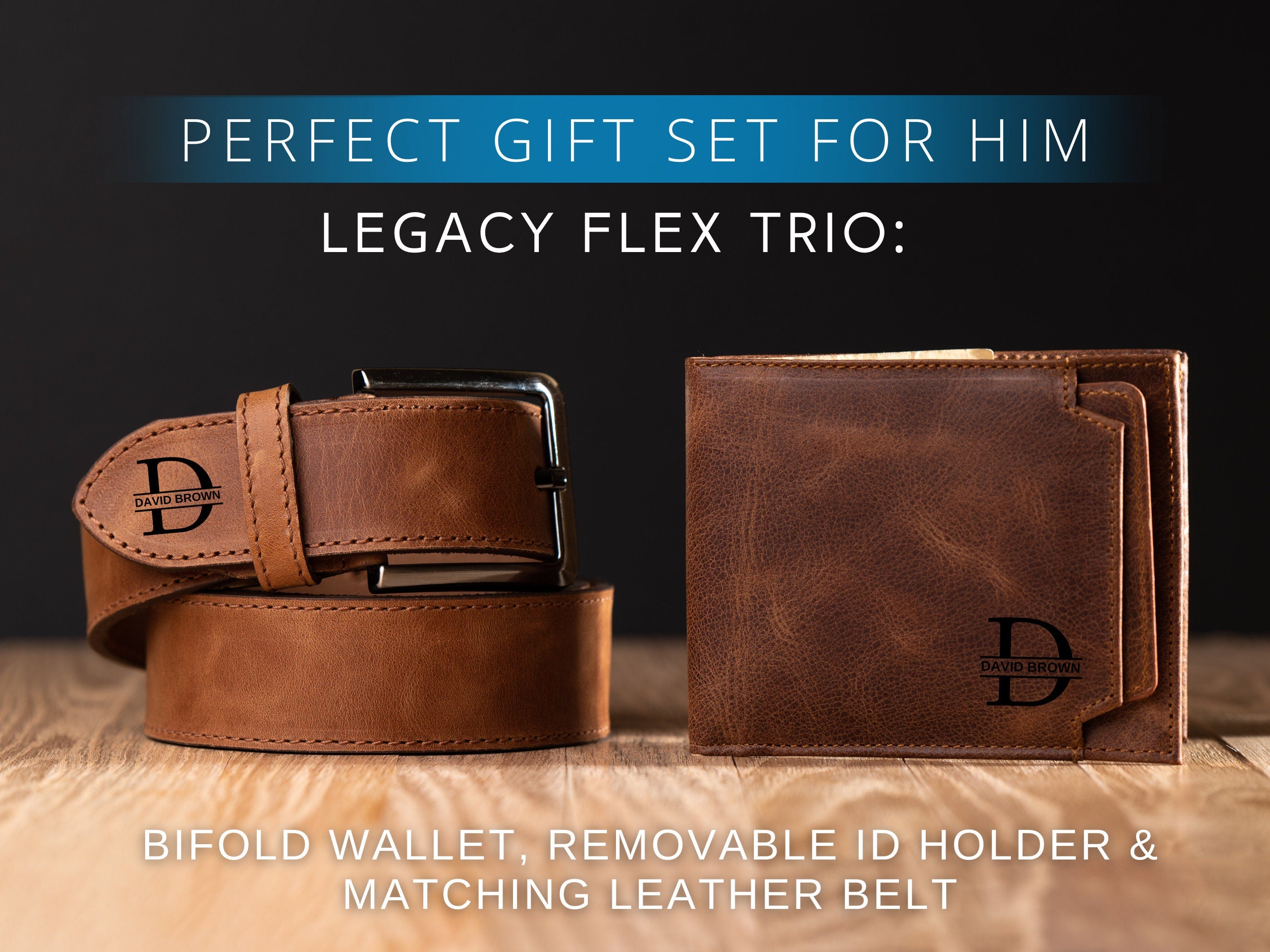 Personalized Leather Gift Set for Him – Belt + Wallet + Gift Box | Removable ID Holder | Anniversary & Birthday Gift, Boyfriend Present