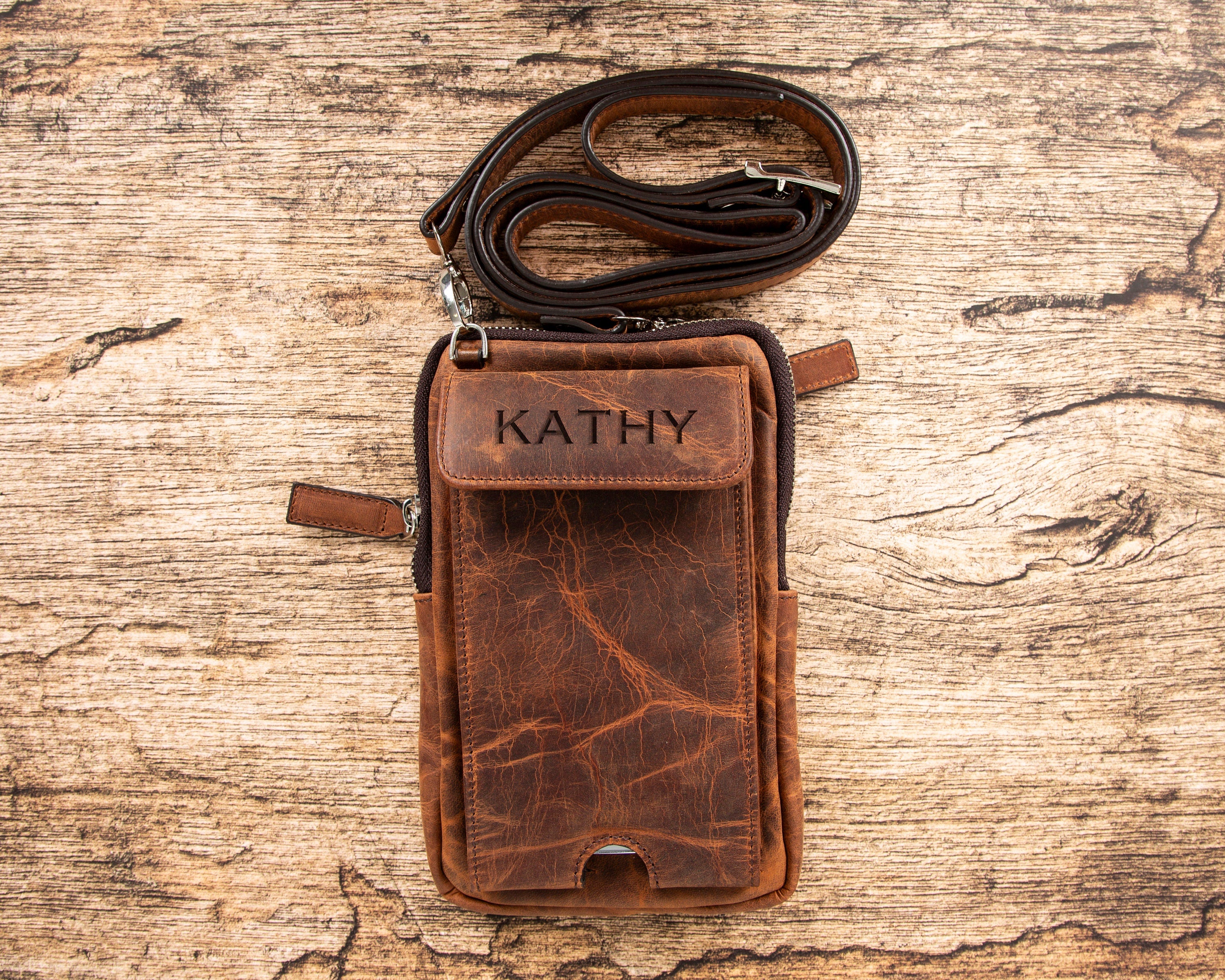 Leather Crossbody Phone Wallet with Strap, Large Phone Pocket & Stylish Case, Custom Engraving, Perfect for iPhone and Android Users Gift