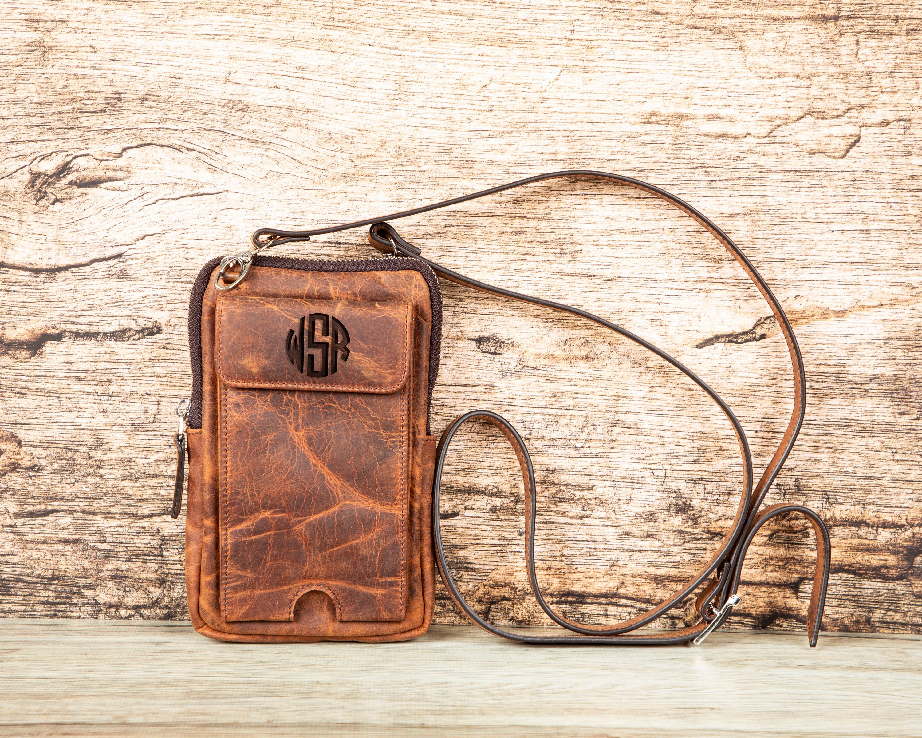 Leather Crossbody Phone Wallet with Strap, Large Phone Pocket & Stylish Case, Custom Engraving, Perfect for iPhone and Android Users Gift