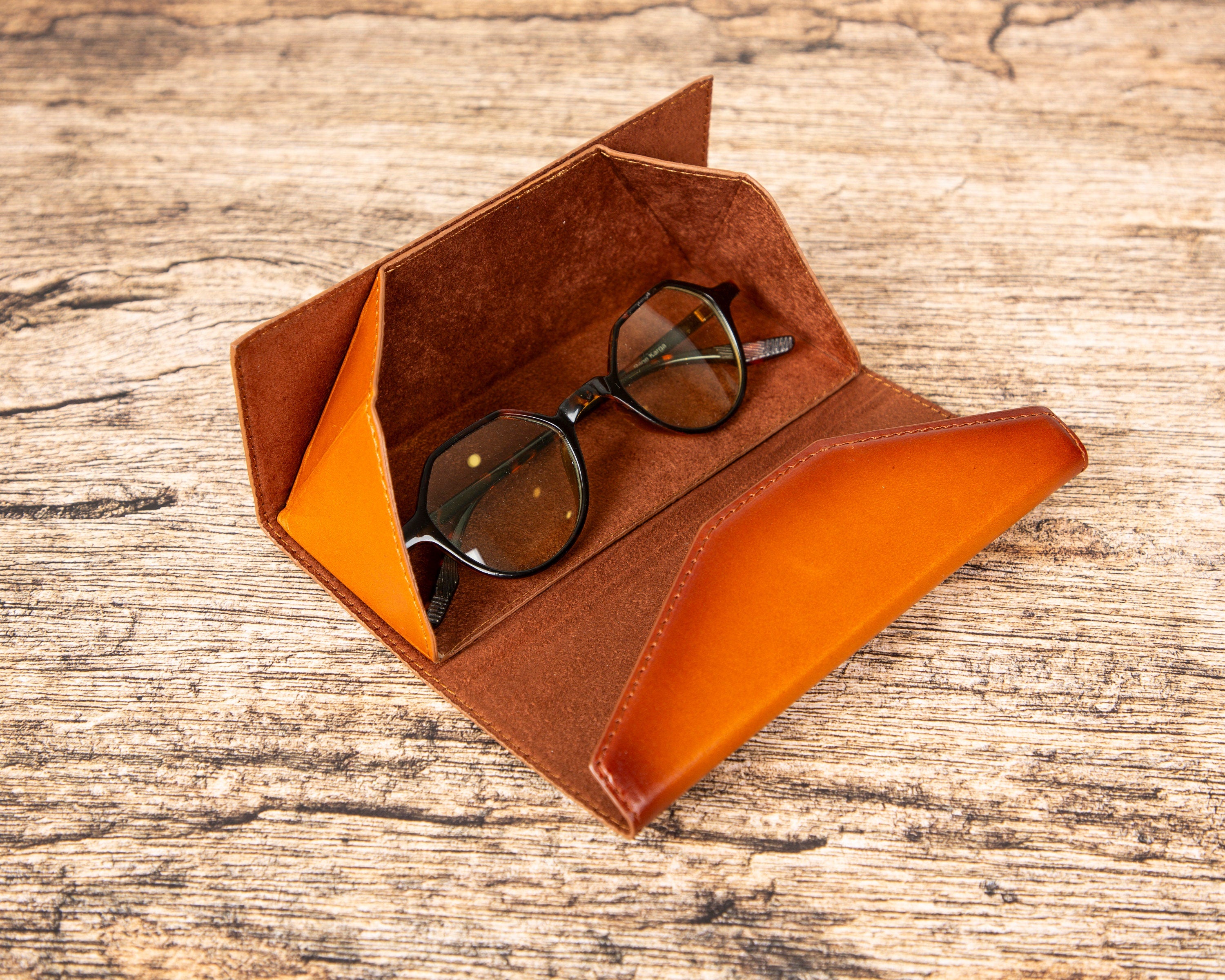 Leather Foldable Glasses Case | Eyeglass Case with Magnetic Closure | Personalized, Full Grain Eyewear Protector | Leather Sunglasses Sleeve