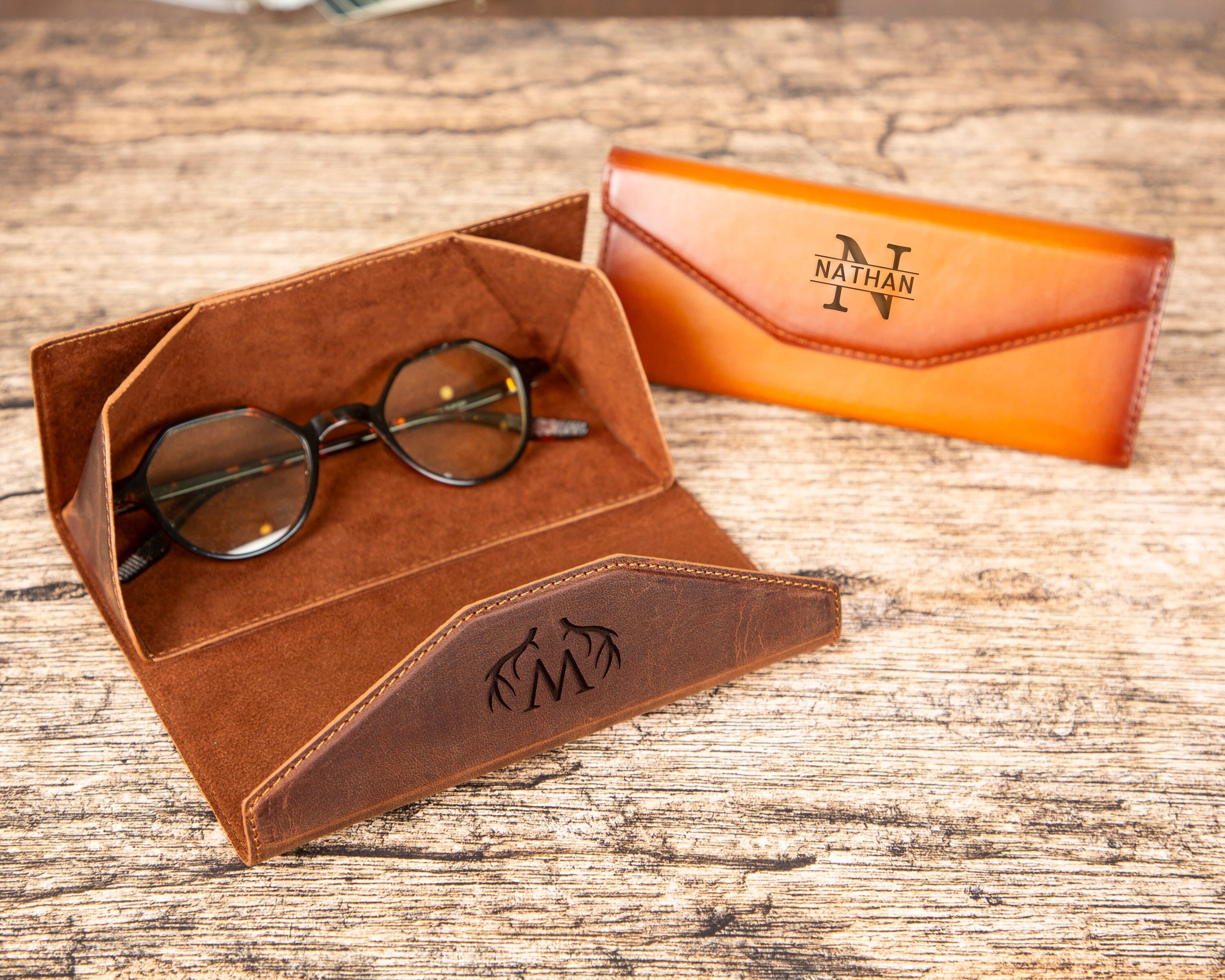 Leather Foldable Glasses Case with Magnetic Closure | Personalized, Full Grain Eyewear Protector | Nomad Leather Sunglasses Sleeve