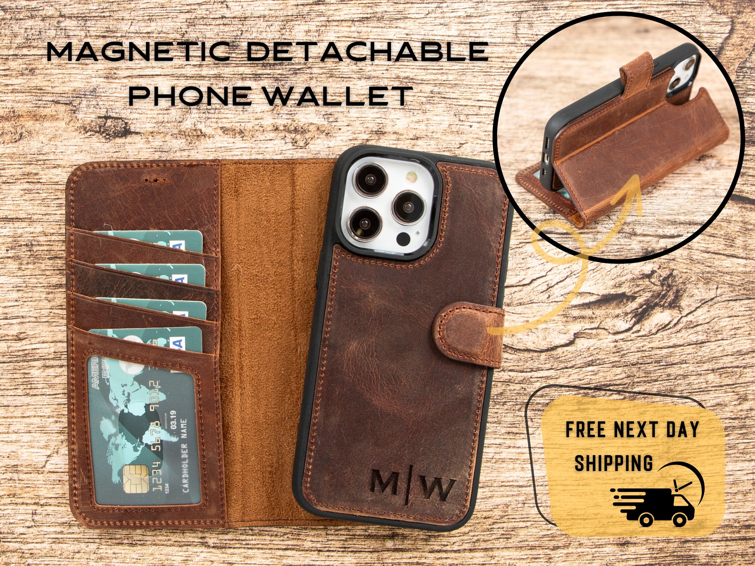 Personalized Leather Phone Wallet, iPhone 15 pro max Case, Magnetic Detachable iphone 15pro sleeve, Travel Accessories, iPhone 15 cover