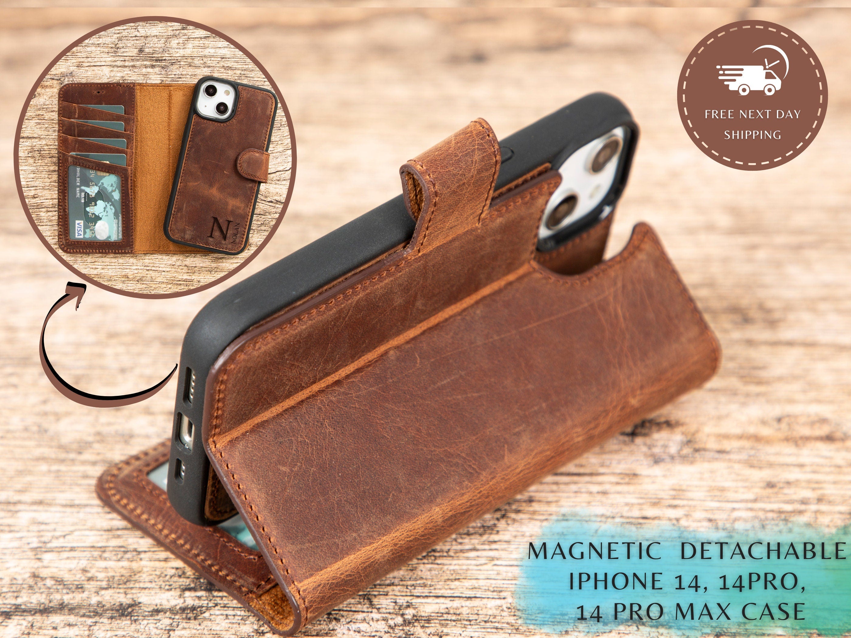 Personalized Leather Phone Wallet, iPhone 15 pro max Case, Magnetic Detachable iphone 15pro sleeve, Travel Accessories, iPhone 15 cover