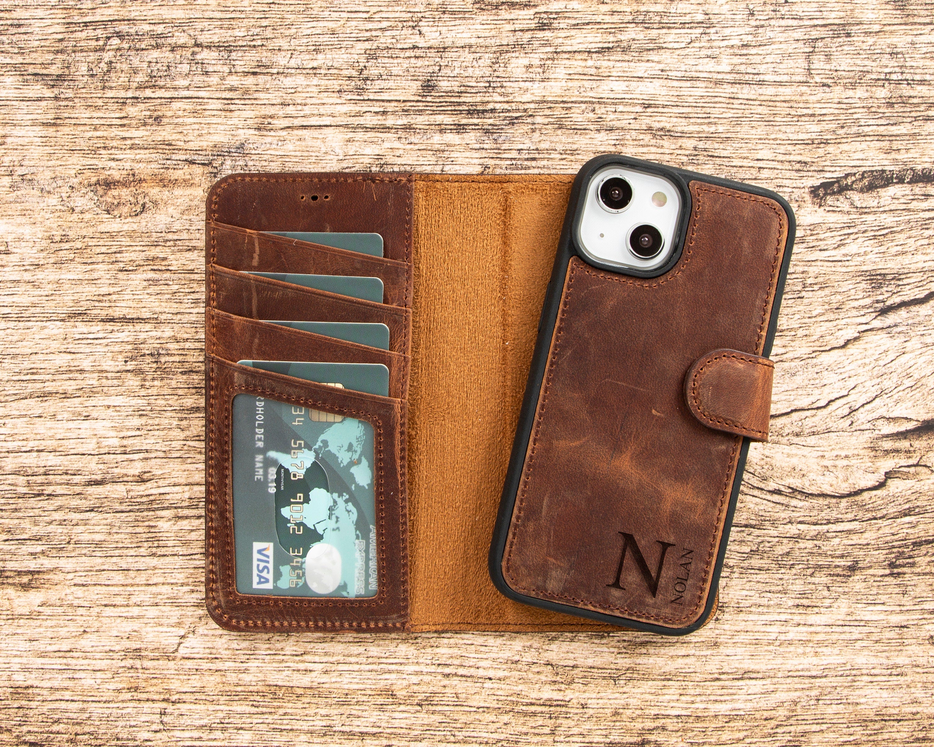 iPhone 16 Pro Max Leather Wallet Case, MagSafe Compatible, Personalized Engraved Folio Cover, Handmade Detachable Phone Case, Travel Wallet