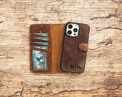iPhone 16 Pro Max Leather Wallet Case, MagSafe Compatible, Personalized Engraved Folio Cover, Handmade Detachable Phone Case, Travel Wallet