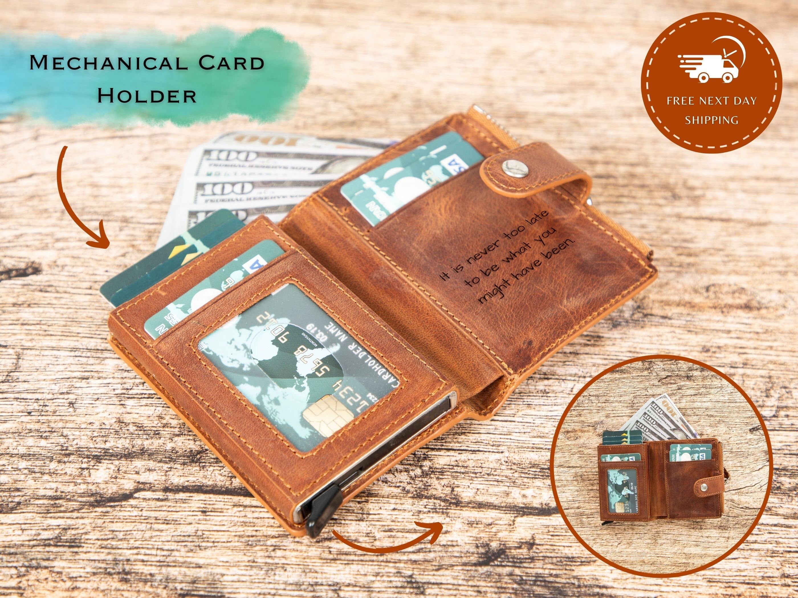 Personalized Pop up Wallet, Leather Wallet with Zipper Pouch, Mechanical Card Holder, Modern Travel Accessory