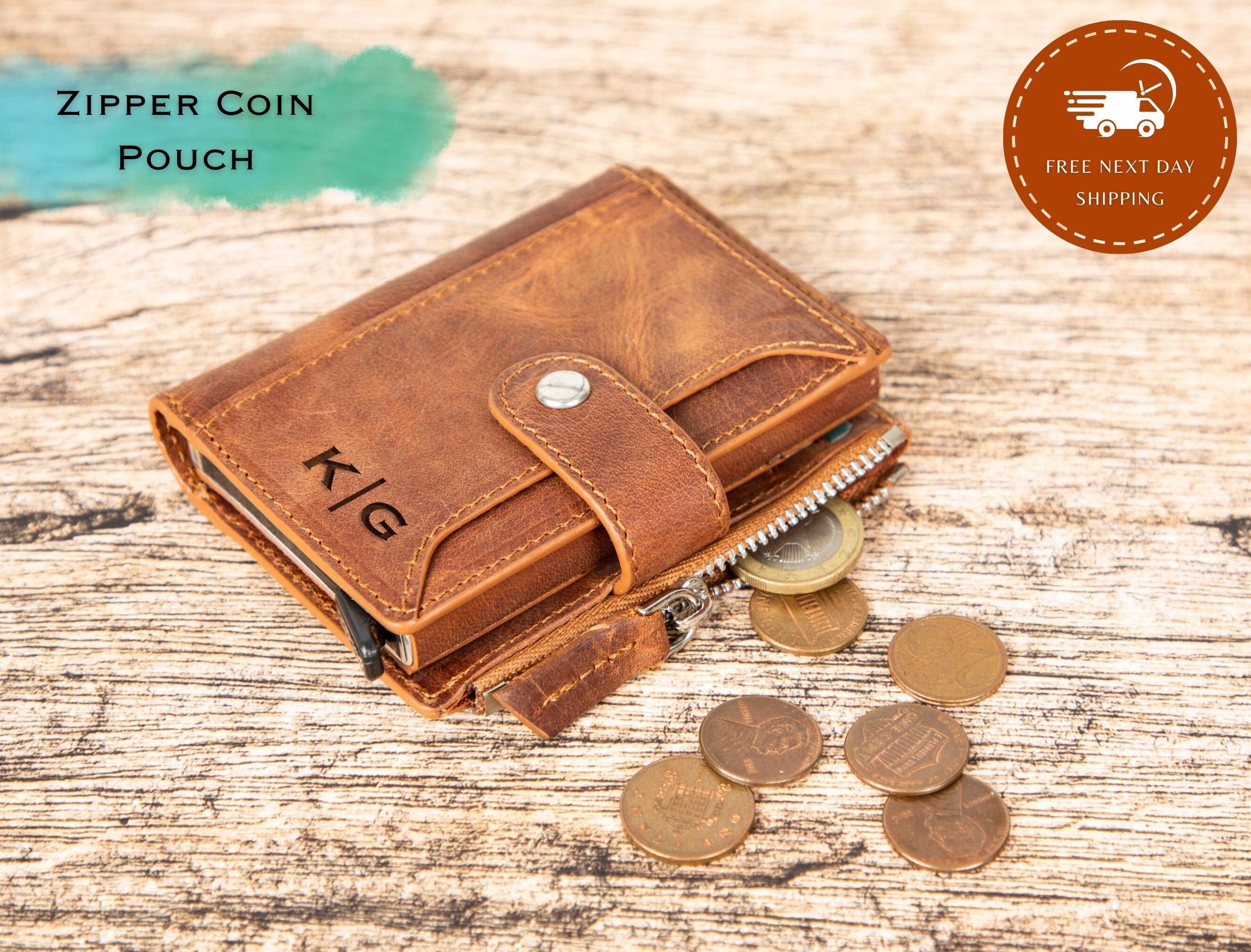 Personalized Pop up Wallet, Leather Wallet with Zipper Pouch, Mechanical Card Holder, Modern Travel Accessory