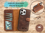 iPhone 16 Pro Max Leather Wallet Case, MagSafe Compatible, Personalized Engraved Folio Cover, Handmade Detachable Phone Case, Travel Wallet