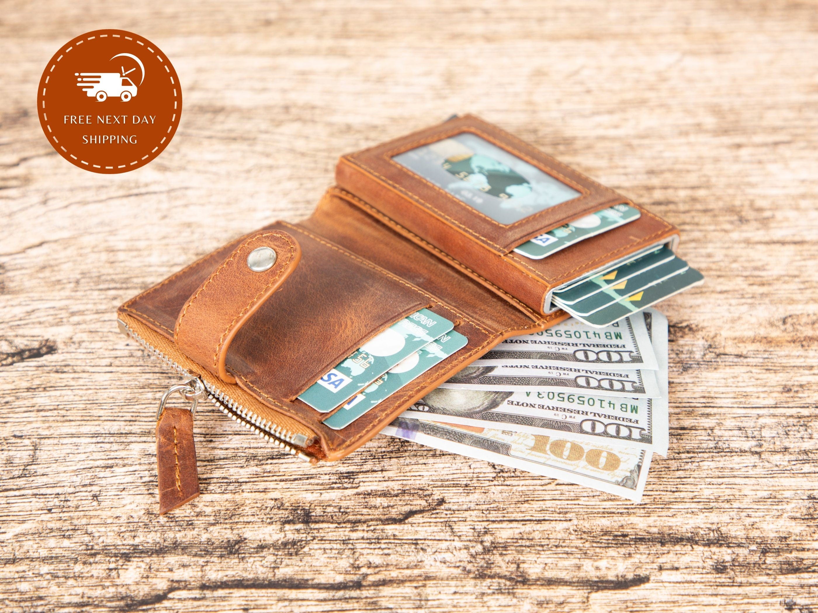 Personalized Pop up Wallet, Leather Wallet with Zipper Pouch, Mechanical Card Holder, Modern Travel Accessory