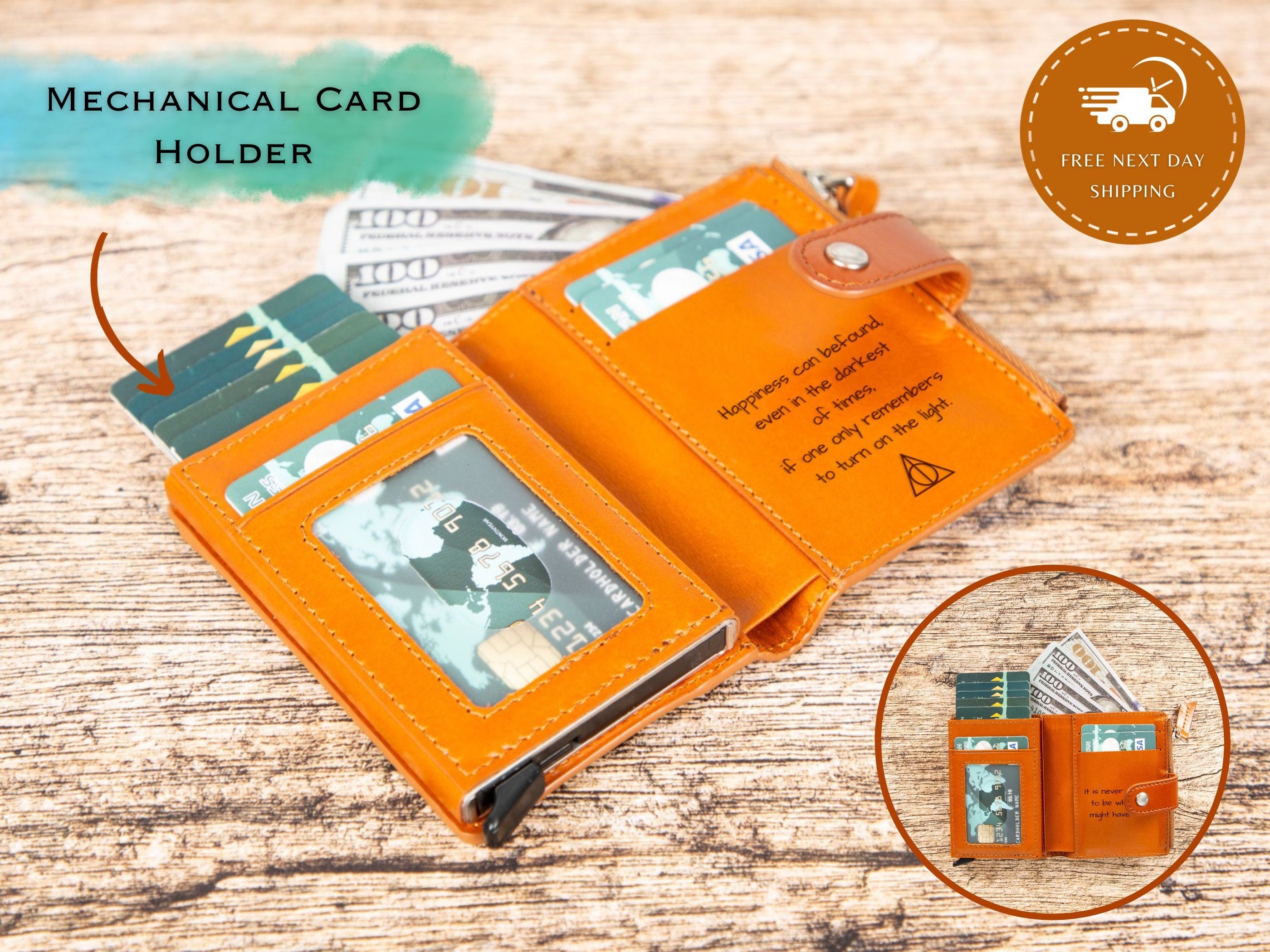 Personalized Pop up Wallet, Leather Wallet with Zipper Pouch, Mechanical Card Holder, Modern Travel Accessory