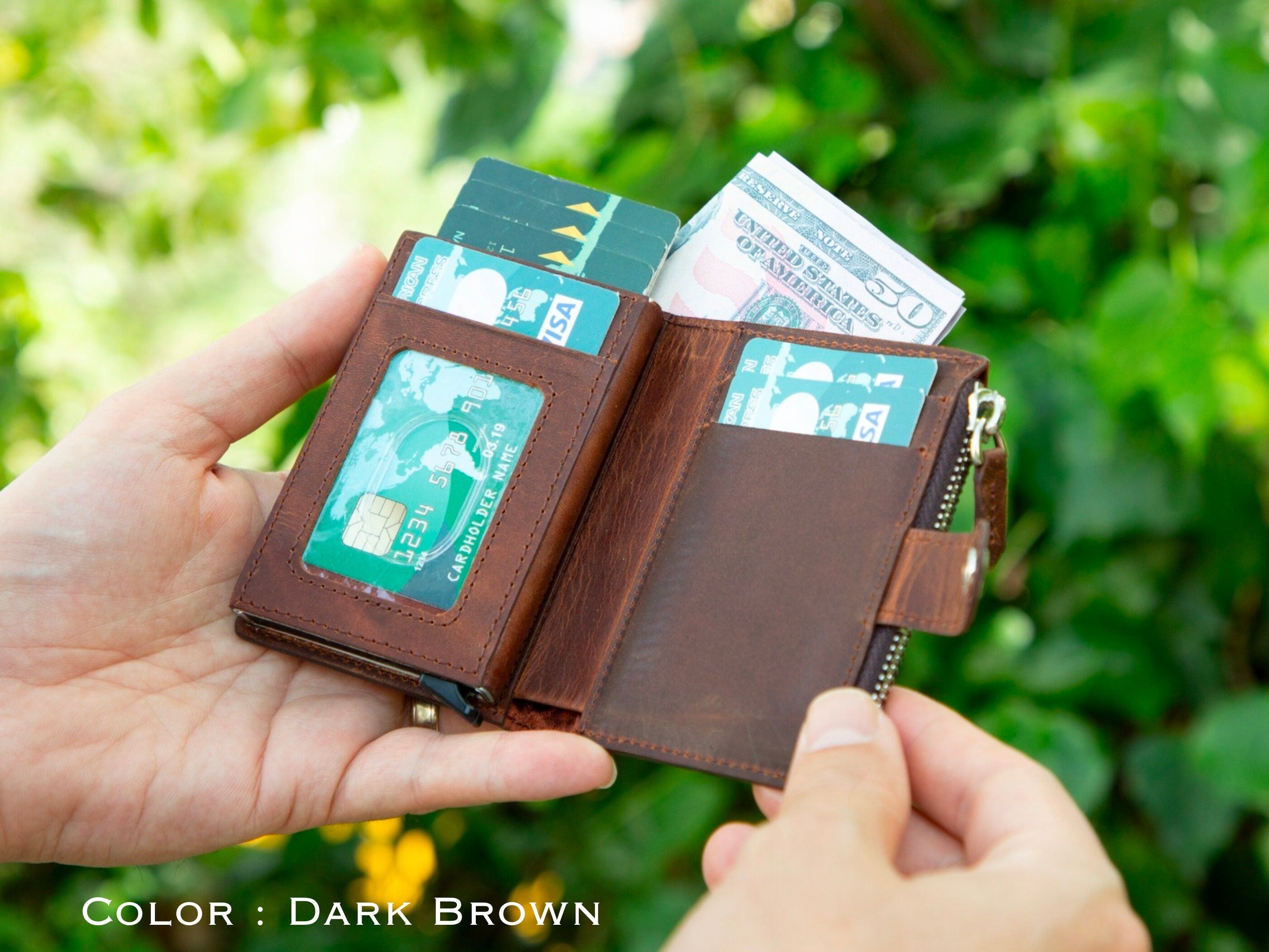 Leather Wallet with Zipper Pouch, Personalized Pop up Wallet, Mechanical Card Holder, Modern Travel Accessory