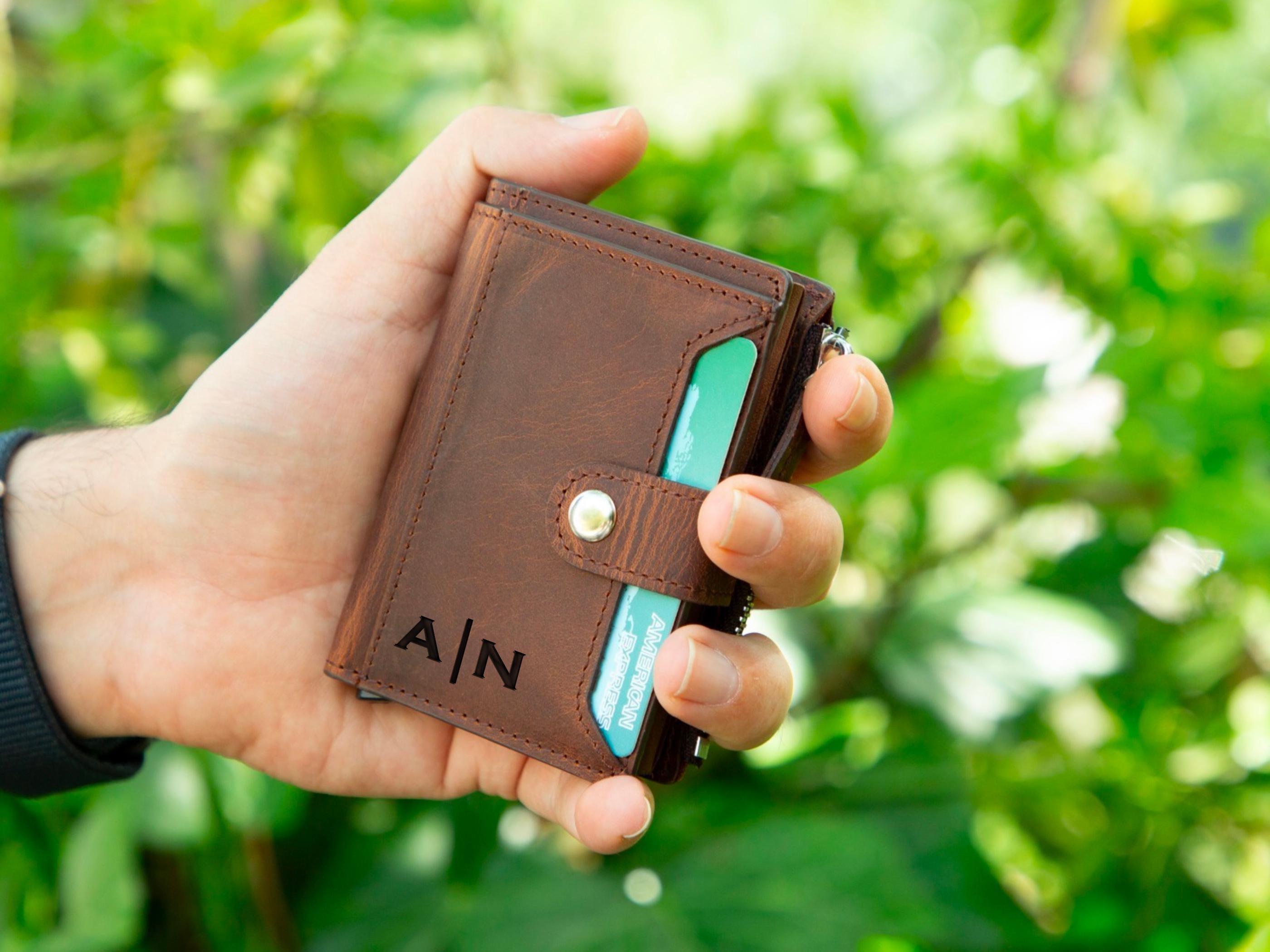 Personalized Mens Wallet, Leather Wallet with Zipper Pouch, Mechanical Card Holder, Modern Travel Accessory
