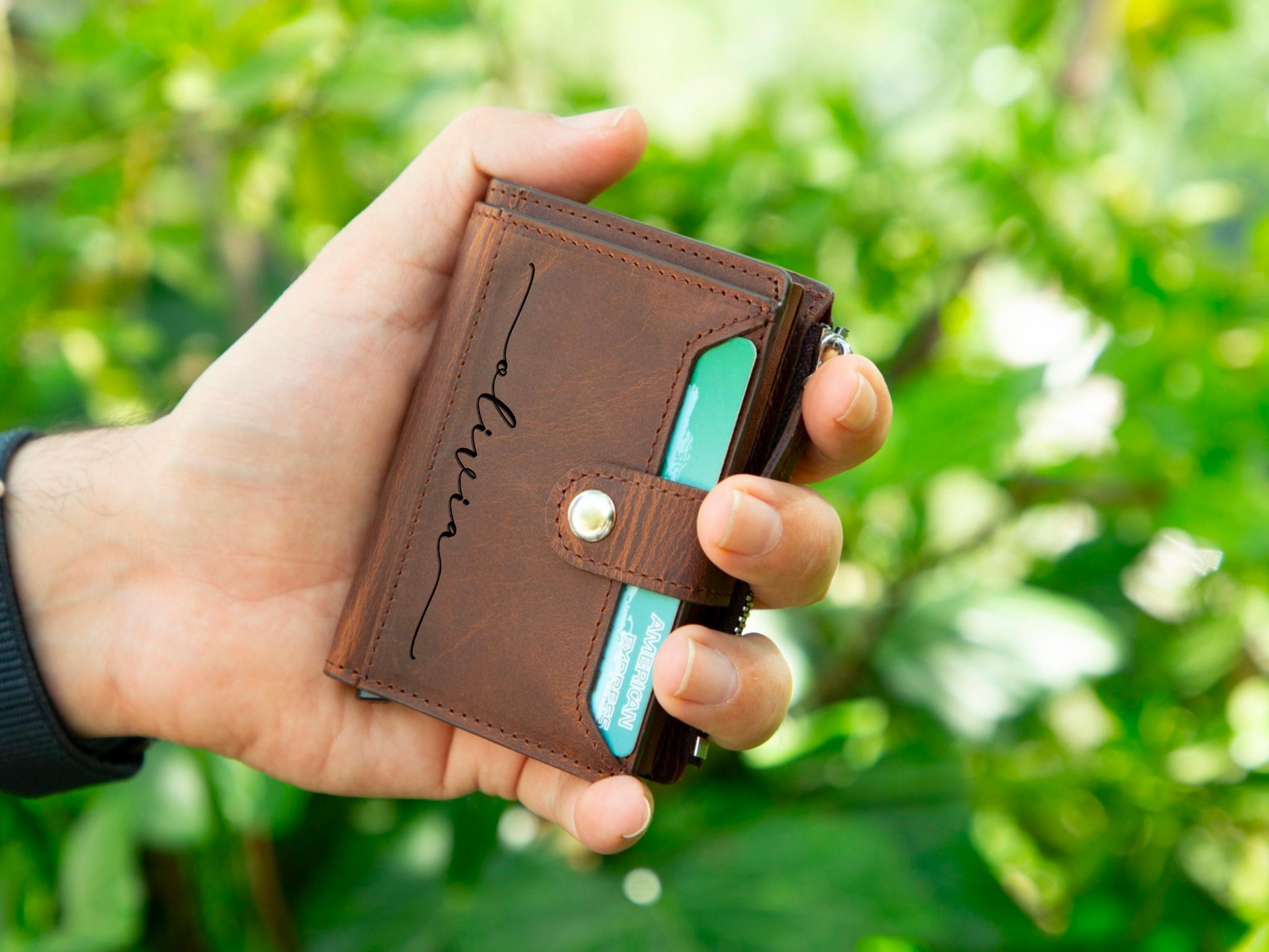 Personalized Mens Wallet, Leather Wallet with Zipper Pouch, Mechanical Card Holder, Modern Travel Accessory