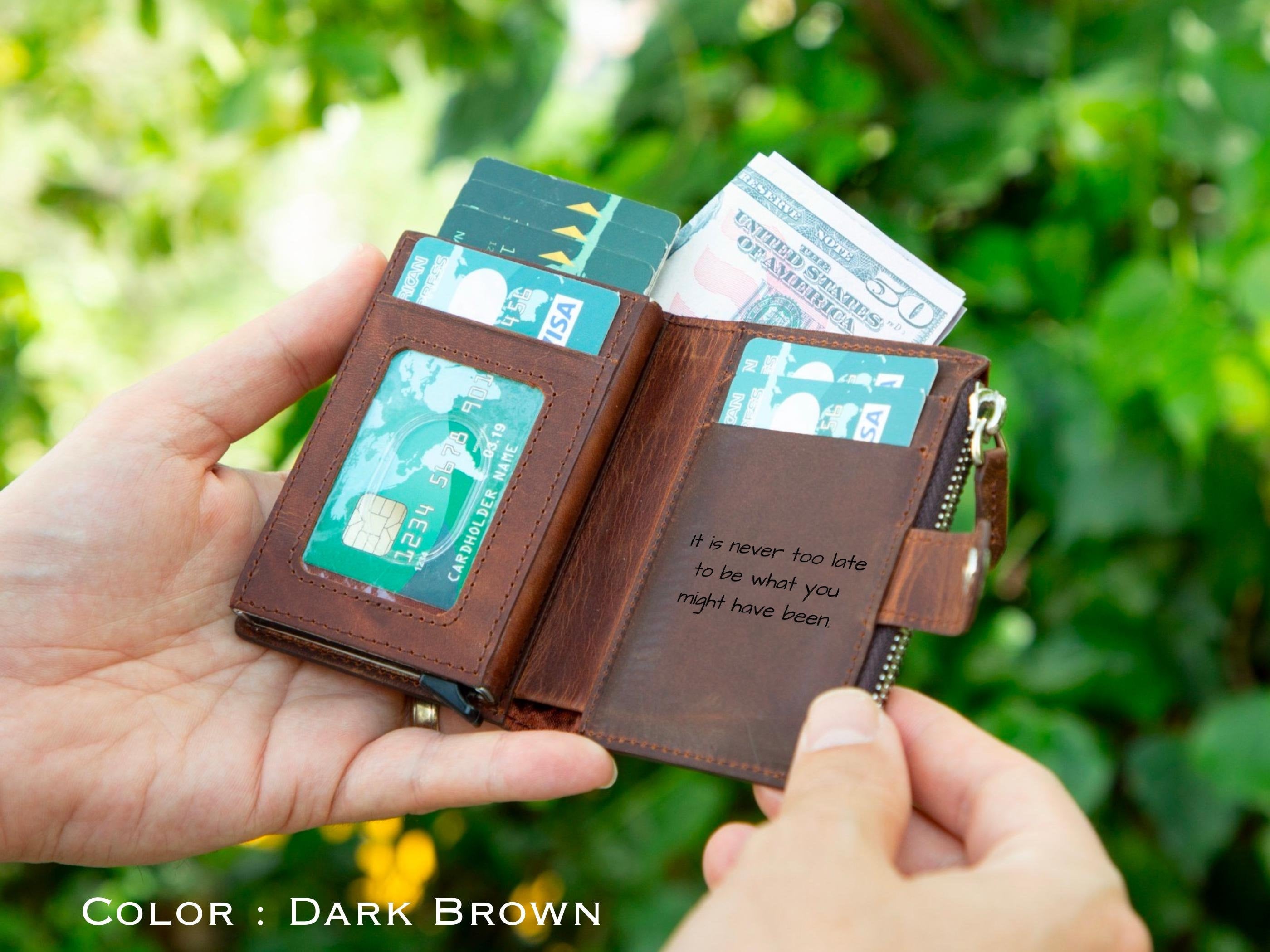Personalized Mens Wallet, Leather Wallet with Zipper Pouch, Mechanical Card Holder