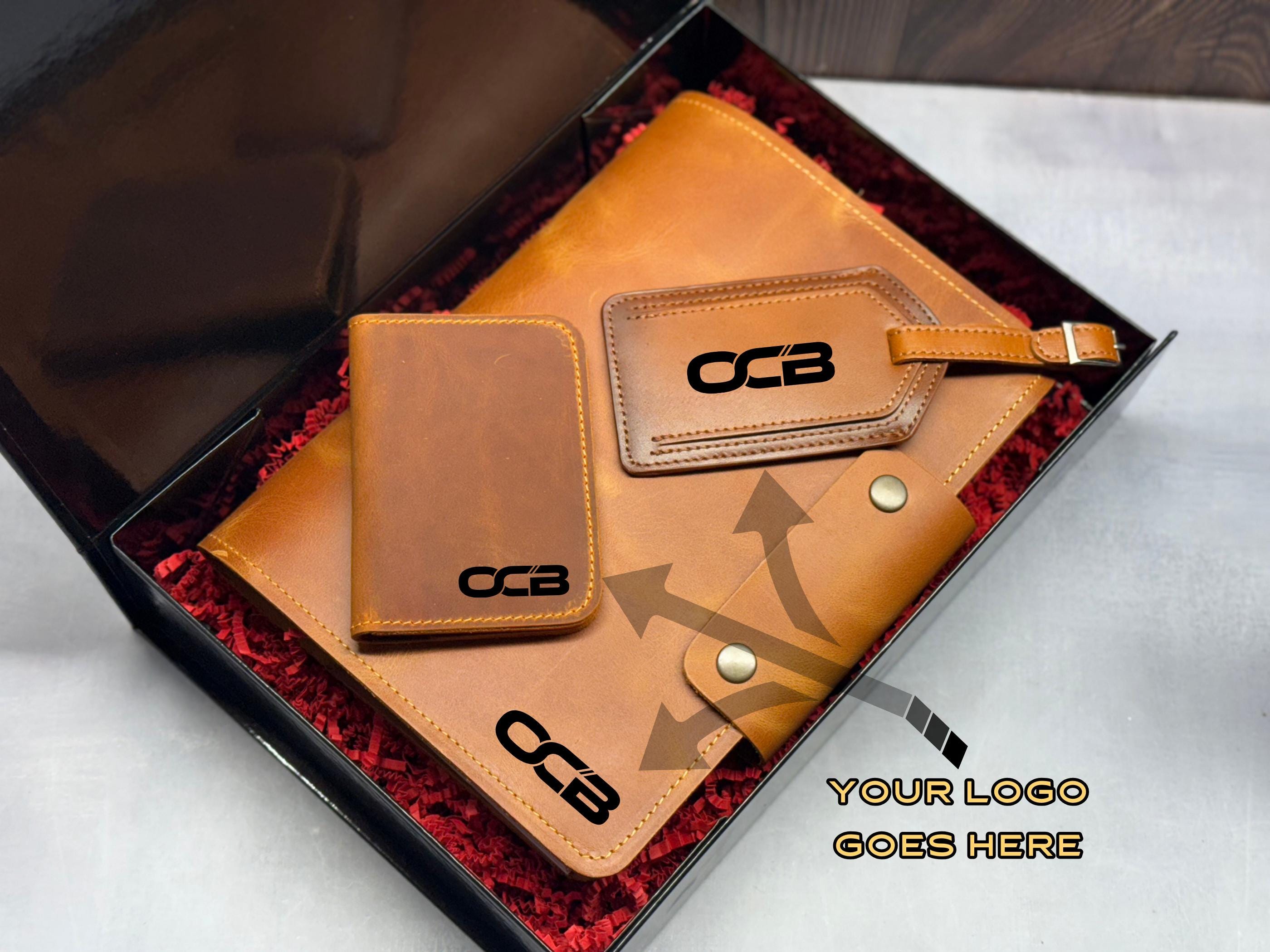 Leather Welcome Gift Set Clients Leather Journal Slim Wallet Luggage Tag