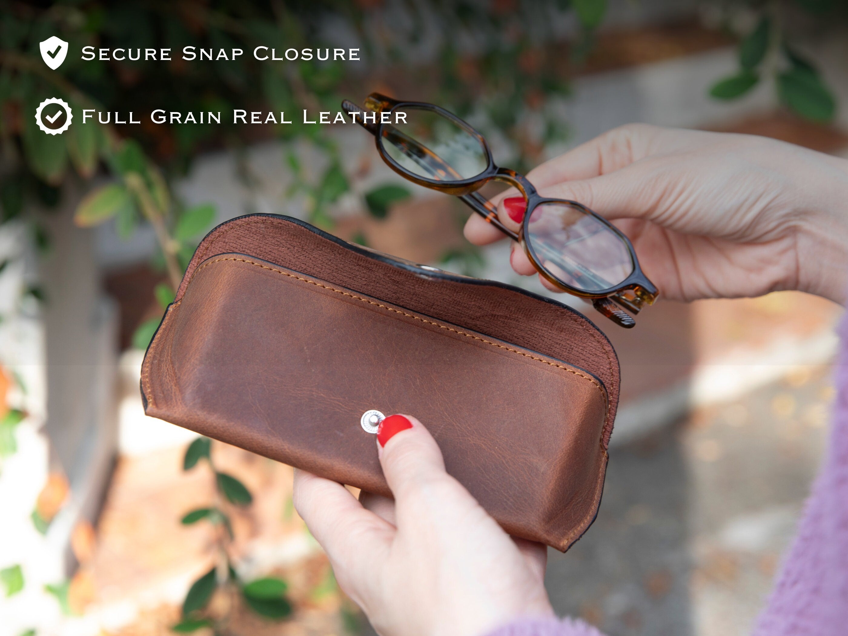 Leather Glasses Case with Snap Closure | Personalized, Full Grain Eyewear Protector | Nomad Leather Sunglasses Sleeve