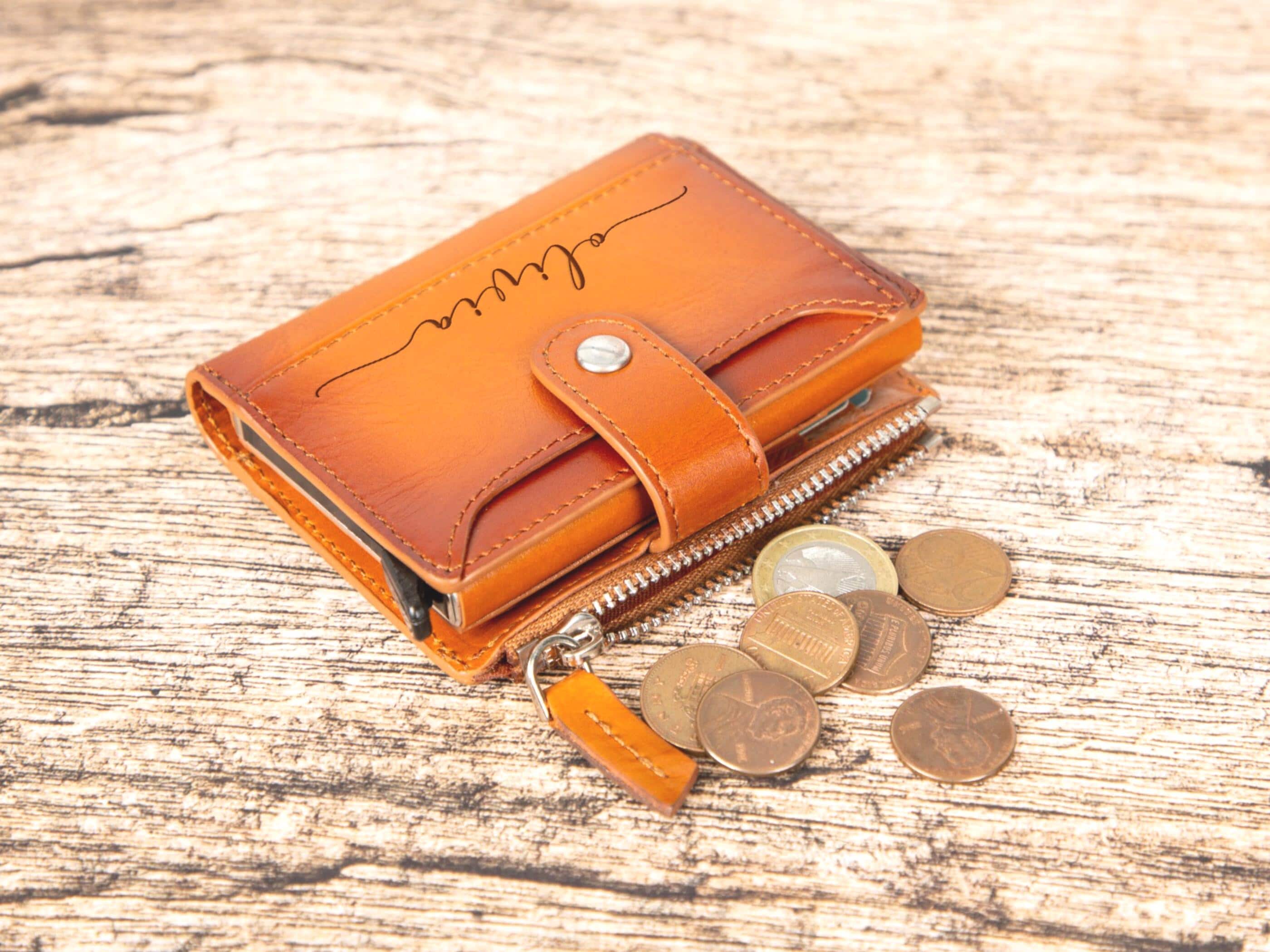 Personalized Pop up Wallet, Leather Wallet with Zipper Pouch, Mechanical Card Holder, Modern Travel Accessory