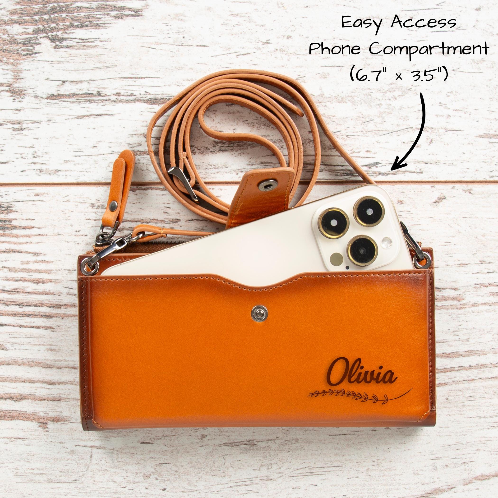 Personalized Leather Crossbody iPhone 17 Wallet, Light Brown Women’s Purse with Strap, Travel Wallet & Card Holder, Stylish Women Purse